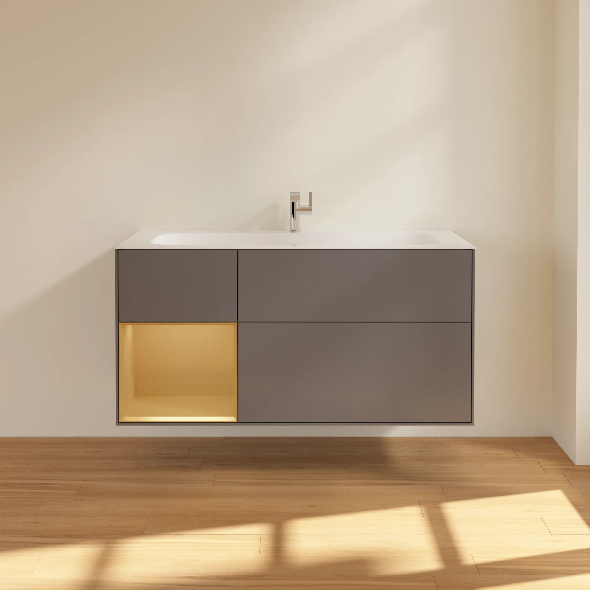 Villeroy & Boch Waschbeckenunterschrank Finion F06, Anthracite Matt Lacquer / Gold Matt Lacquer, 1.196 x 591 x 498 mm, mit Beleuchtung, SoftClosing, Push-to-open, 3 Auszüge