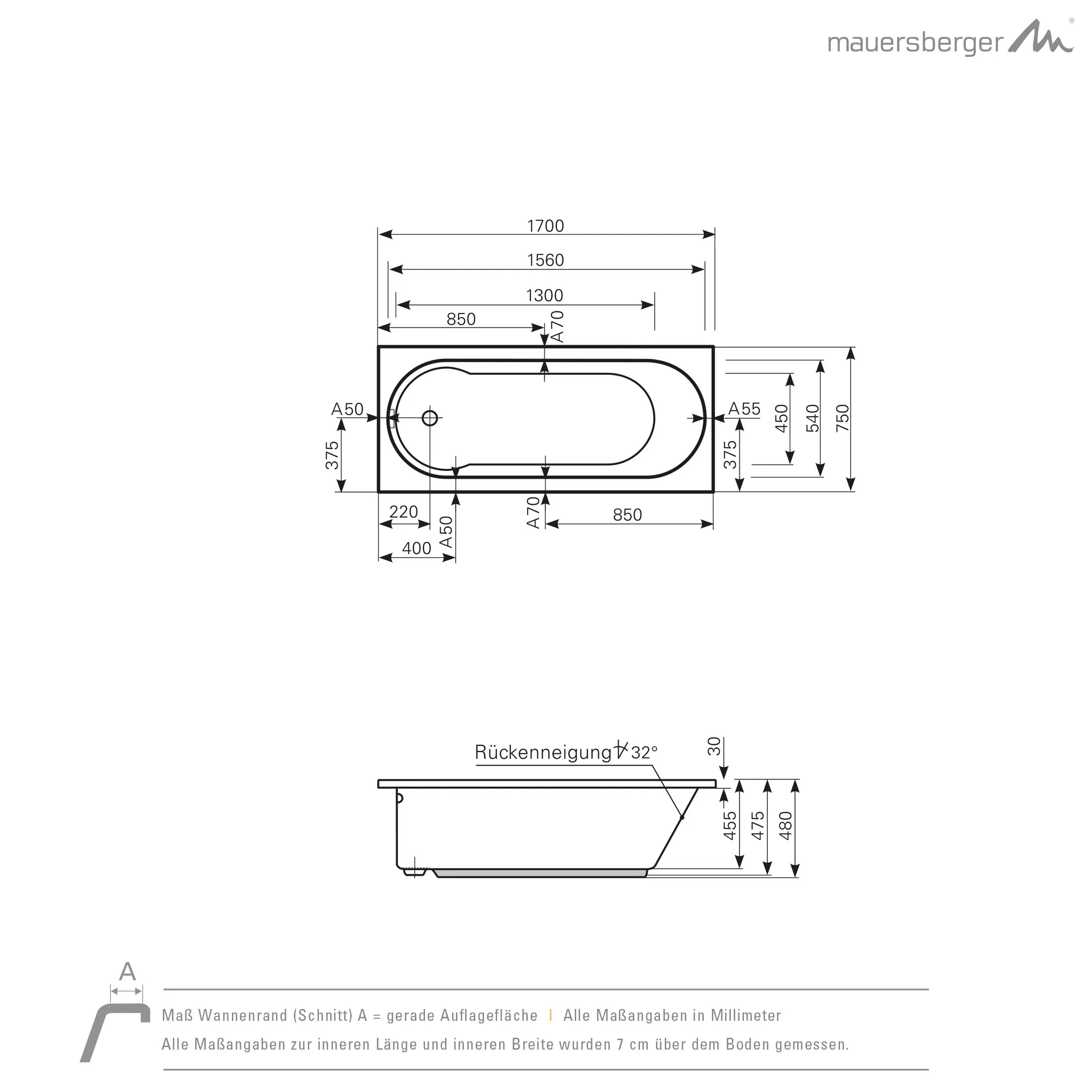 Mauersberger idria Acryl-Badewanne Rechteckform weiß 1700x750x480 Mauersberger idria Acryl-Badewanne Rechteckform weiß 1700x750x480