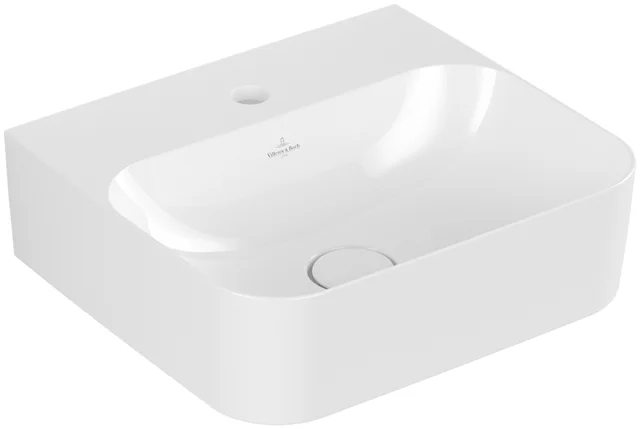 Villeroy & Boch Handwaschbecken aus TitanCeram geschliffen „Finion“ 430 × 390 × 140 mm, mit Hahnlochbohrung, Hahnlochposition mittig in Weiß Alpin, mit CeramicPlus