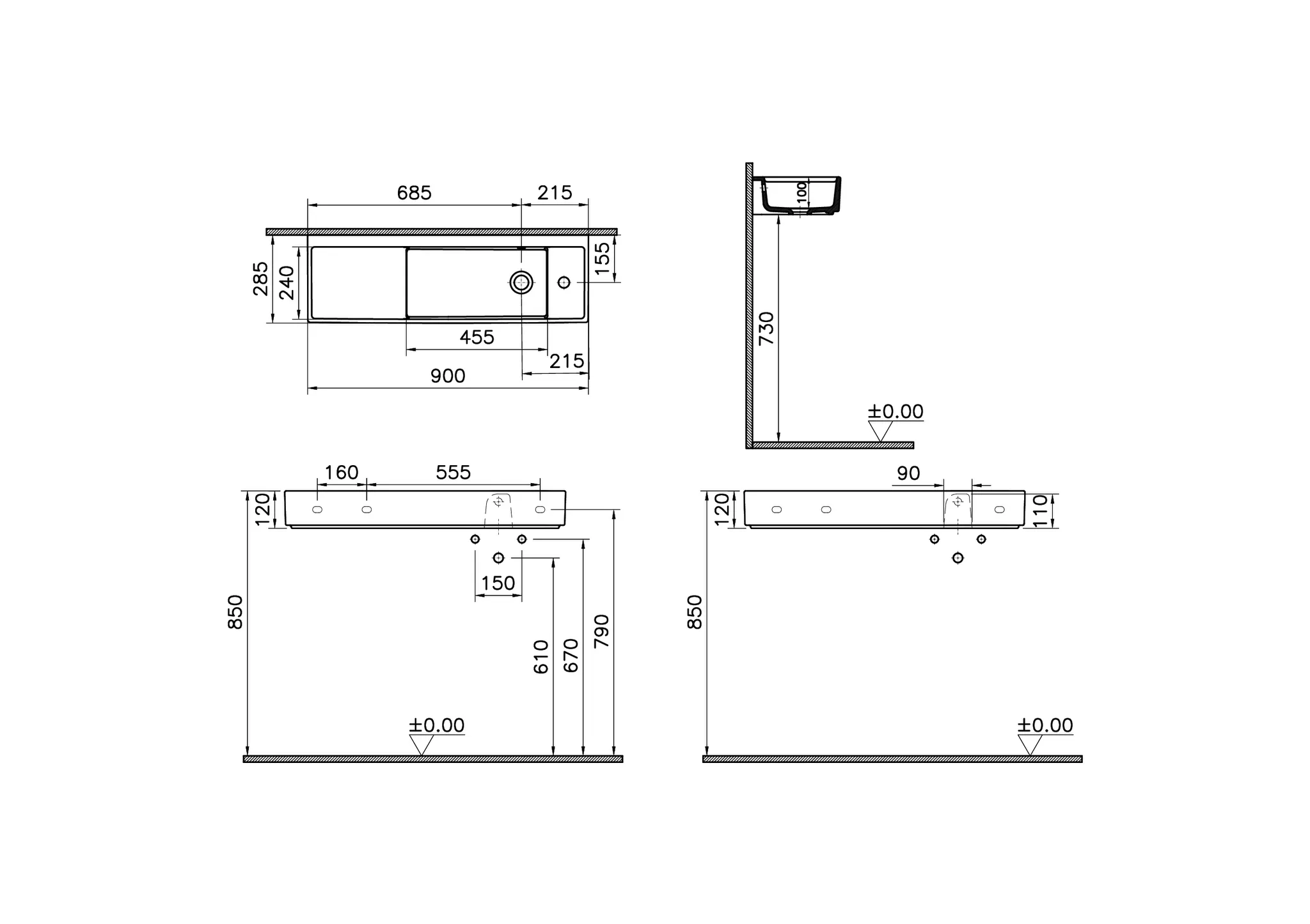 VitrA ArchiPlan Waschtisch Compact asymmetrisch 90 x 28 cm rechteckig wandgebunden Becken rechts Hahnloch rechts Ablage links mit Überlaufloch Weiß Hochglanz