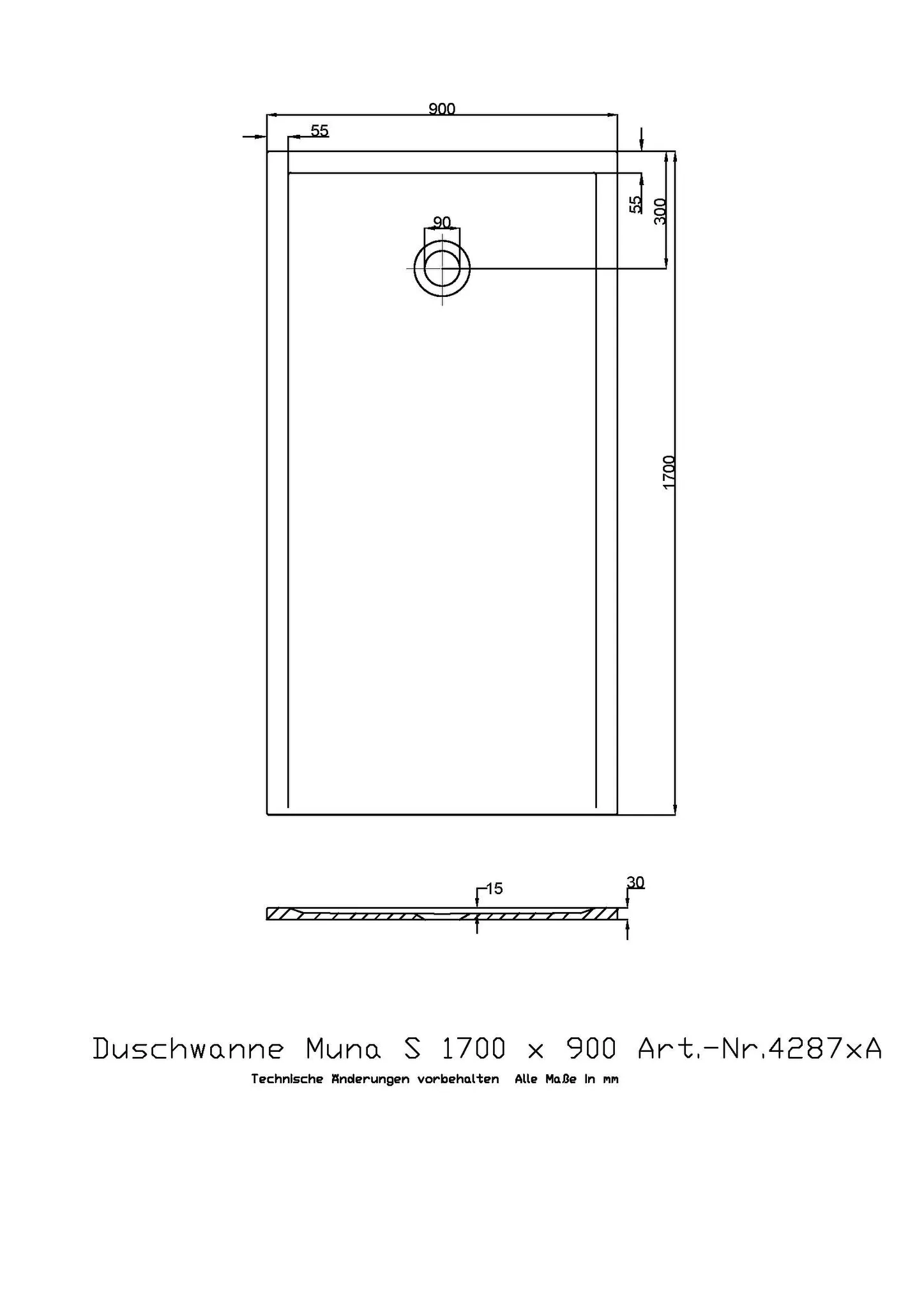 Duschwanne „Muna S“ Rechteck 170 × 90 cm in Schiefergrau Duschwanne „Muna S“ Rechteck 170 × 90 cm in Schiefergrau