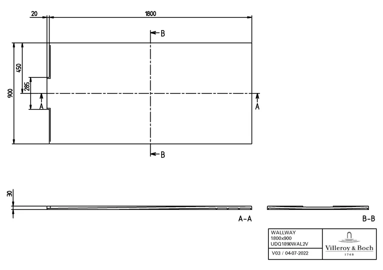 Villeroy & Boch Duschwanne Wallway, rechteckig, 1800 x 900 mm, Höhe 30 mm, Anthracite, flächenbündiger Einbau
