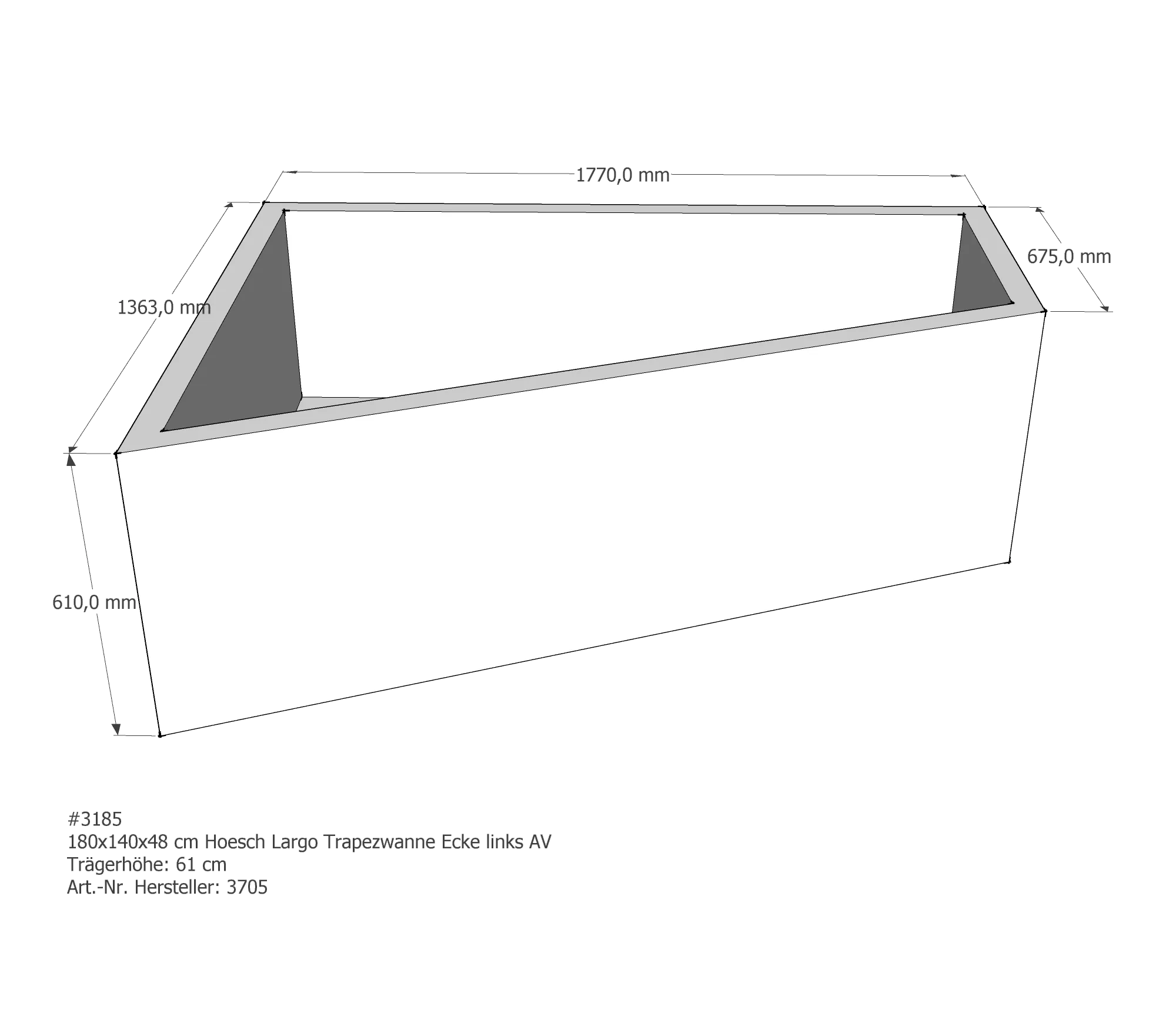Badewannenträger für Hoesch Largo Ecke links links 180 × 140 × 48 cm