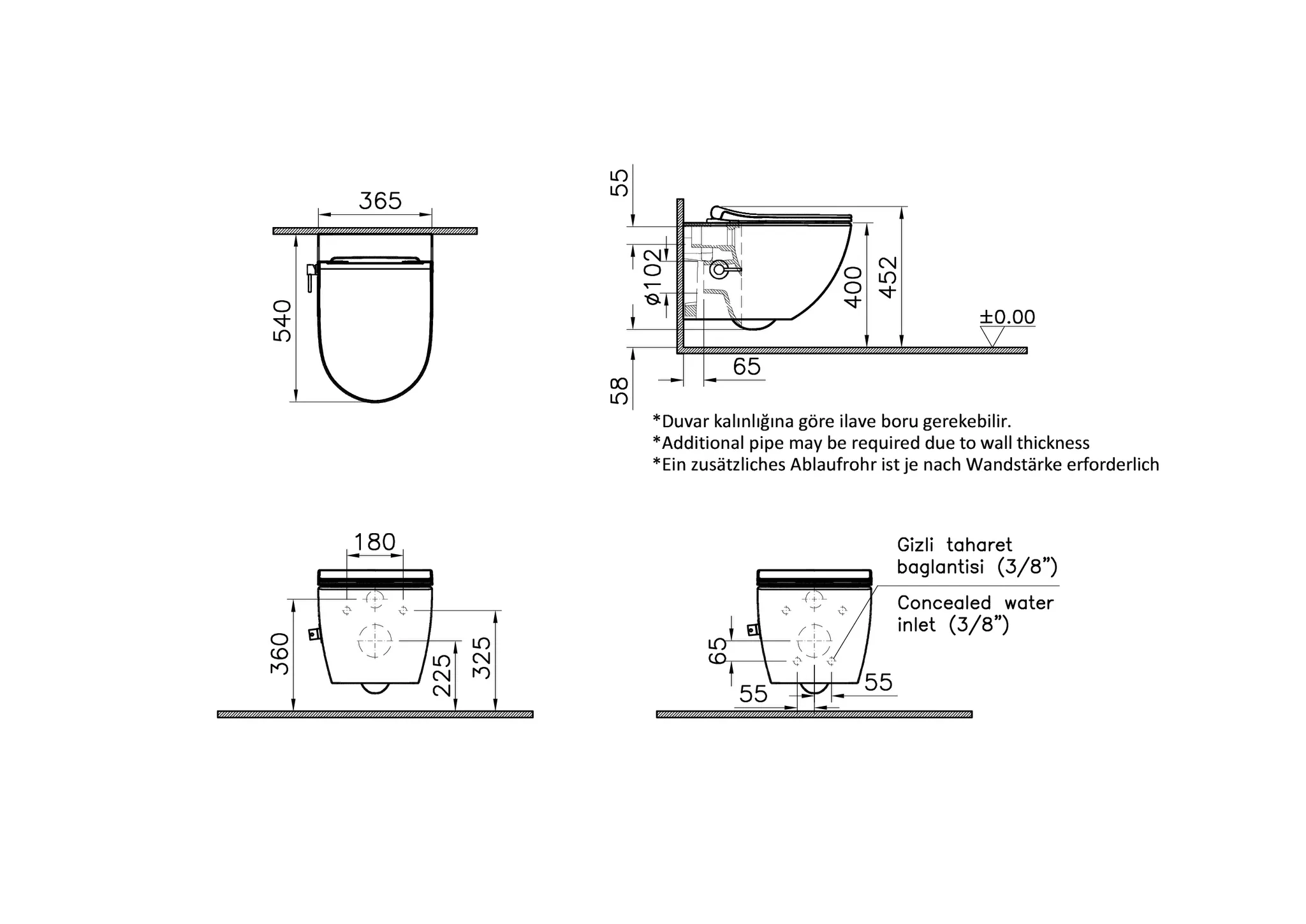 VitrA Aquacare Sento Wand-WC-Set inklusive WC-Sitz Slim mit Bidetfunktion ohne Spülrand mit integriertem Rohrunterbrecher und seitlicher Thermostatarmatur Weiß Hochglanz