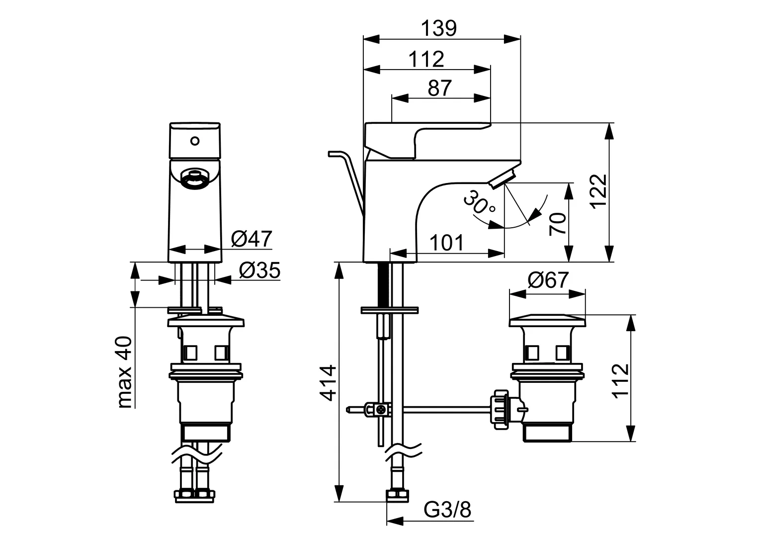 EHM Waschtischbatterie BASIC 5540 Ablaufgarnitur mit Zugstange Ausladung 101 mm DN15 Chrom