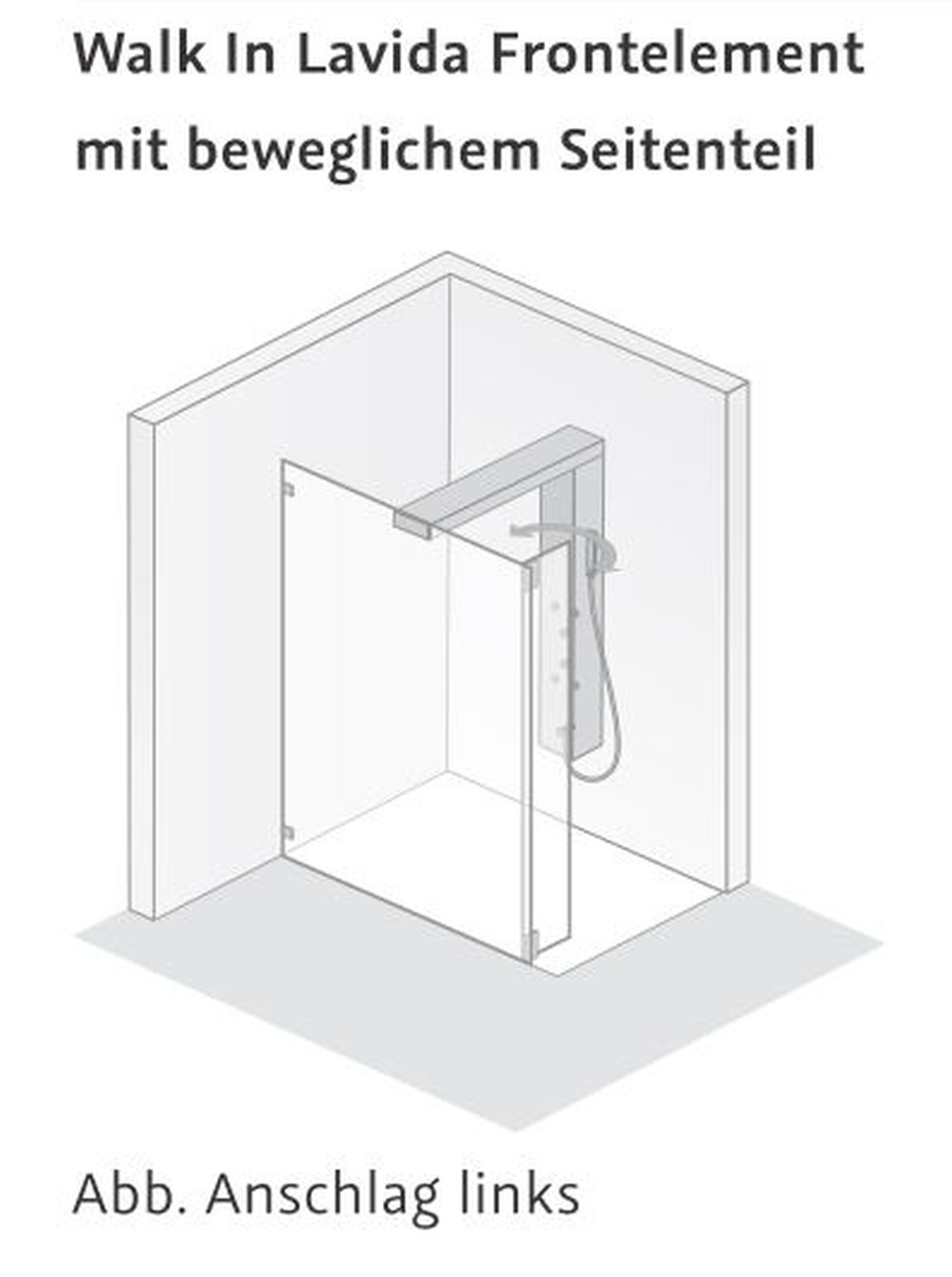 HSK rahmenlose Duschabtrennung Walk-In Frontelement mit beweglichem Seitenteil links „Lavida“ Glas Linea 01 (80 cm) HSK rahmenlose Duschabtrennung Walk-In Frontelement mit beweglichem Seitenteil links „Lavida“ Glas Linea 01 (80 cm)