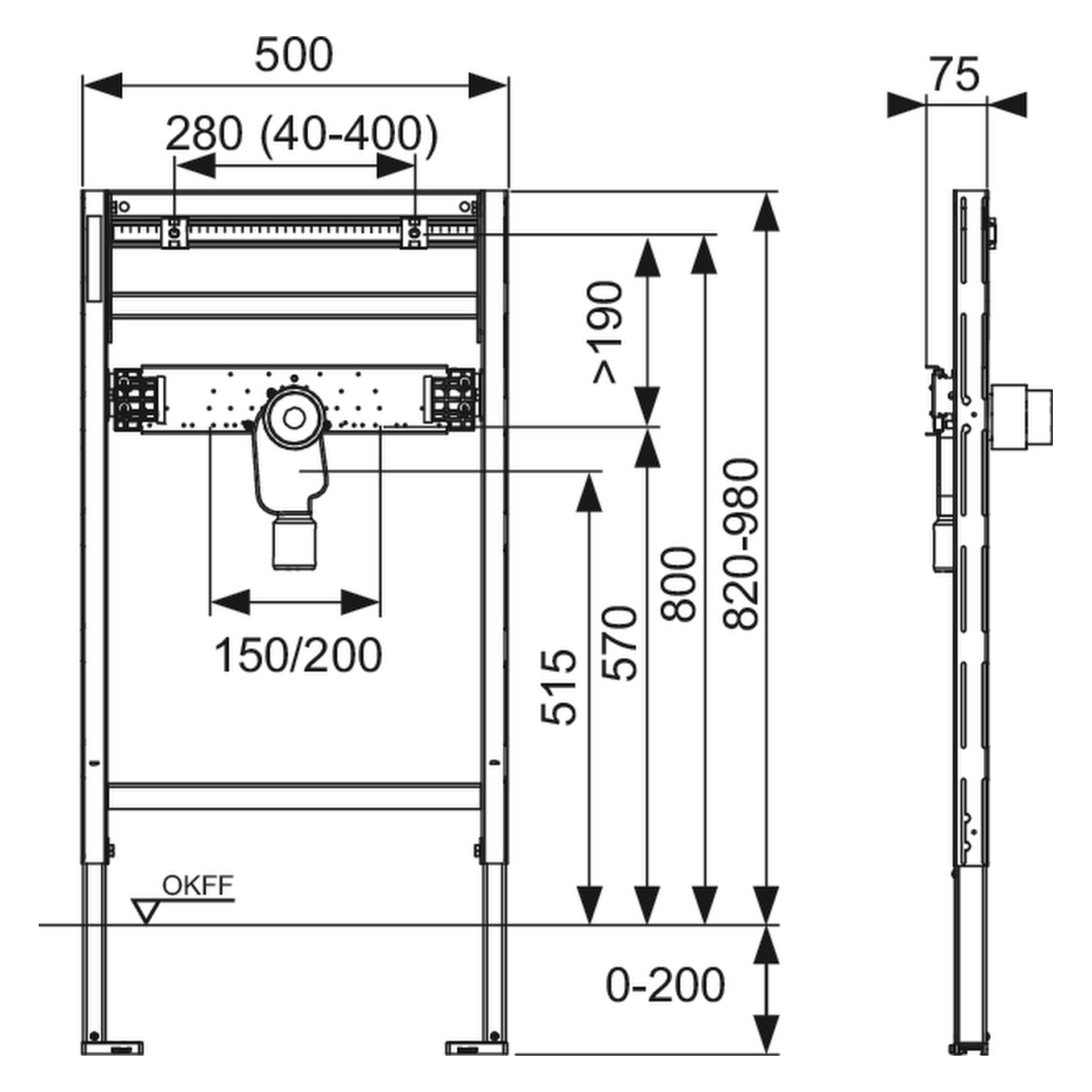 TECEprofil Waschtischmodul mit UP-Geruchsverschluss, Bauhöhe 820-980 mm