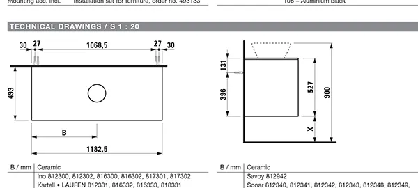 Waschtischunterbau+Waschtischplatte (Schubladenelement) LANI 493x1182x527 mit Ausschnitt mittig Abdeckplatte 12 mm, mit 2 Schubladen integrierter Griffleiste Vollauszug und Soft-Close weiß matt