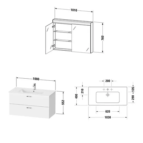 Duravit Waschtischunterschrank Möbelwaschtisch mit Waschtischunterbau und Spiegelschrank „XBase“ 103 × 200 × 49 cm in Graphit Matt