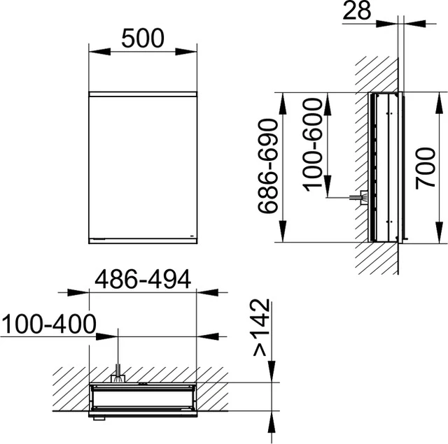 Royal Modular 2.0 800110050100100 Spiegelschrank beleuchtet Wandeinbau, 1 Steckdose 500 x 700 x 160 mm silber-eloxiert