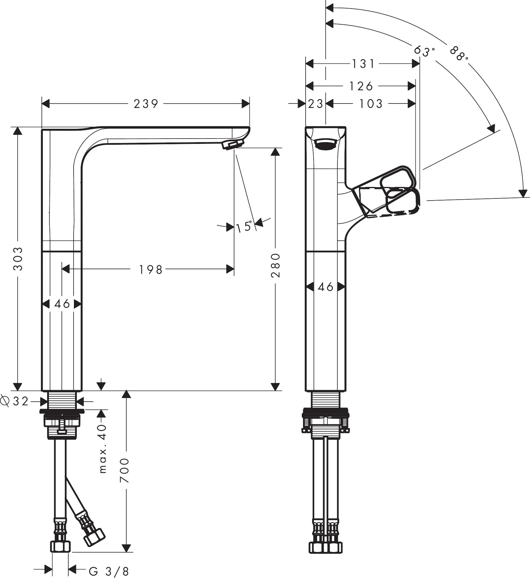 Hansgrohe AXOR Urquiola Einhebel-Waschtischmischer 280, Chrom, Ausladung 198 mm, Auslaufhöhe 280 mm, Bügelgriff, Normalstrahl, max. Durchfluss 5 l/min Hansgrohe AXOR Urquiola Einhebel-Waschtischmischer 280, Chrom, Ausladung 198 mm, Auslaufhöhe 280 mm, Bügelgriff, Normalstrahl, max. Durchfluss 5 l/min