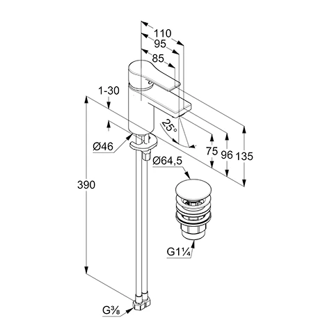 ZENTA SL Waschtisch-EHM 75mm mit Push Open Ablaufventil chrom