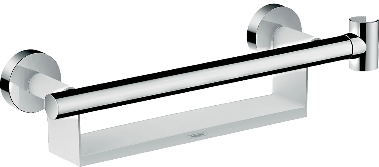Hansgrohe Unica Haltegriff Comfort weiß/chrom mit Ablage und Brausehalter, 25 mm Durchmesser Hansgrohe Unica Haltegriff Comfort weiß/chrom mit Ablage und Brausehalter, 25 mm Durchmesser