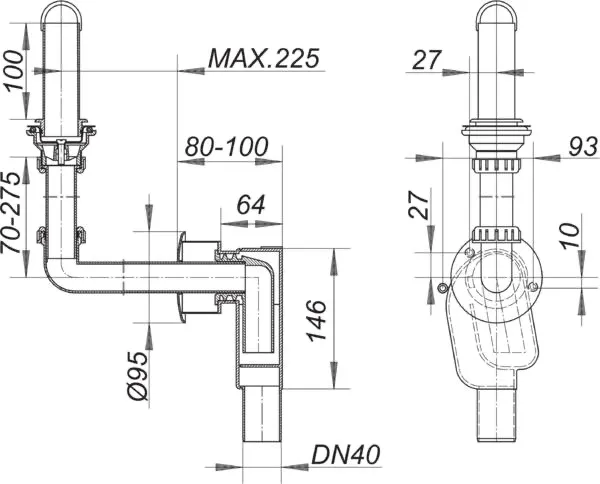 Wandeinbau-Siphon 300 PC KS, DN 40