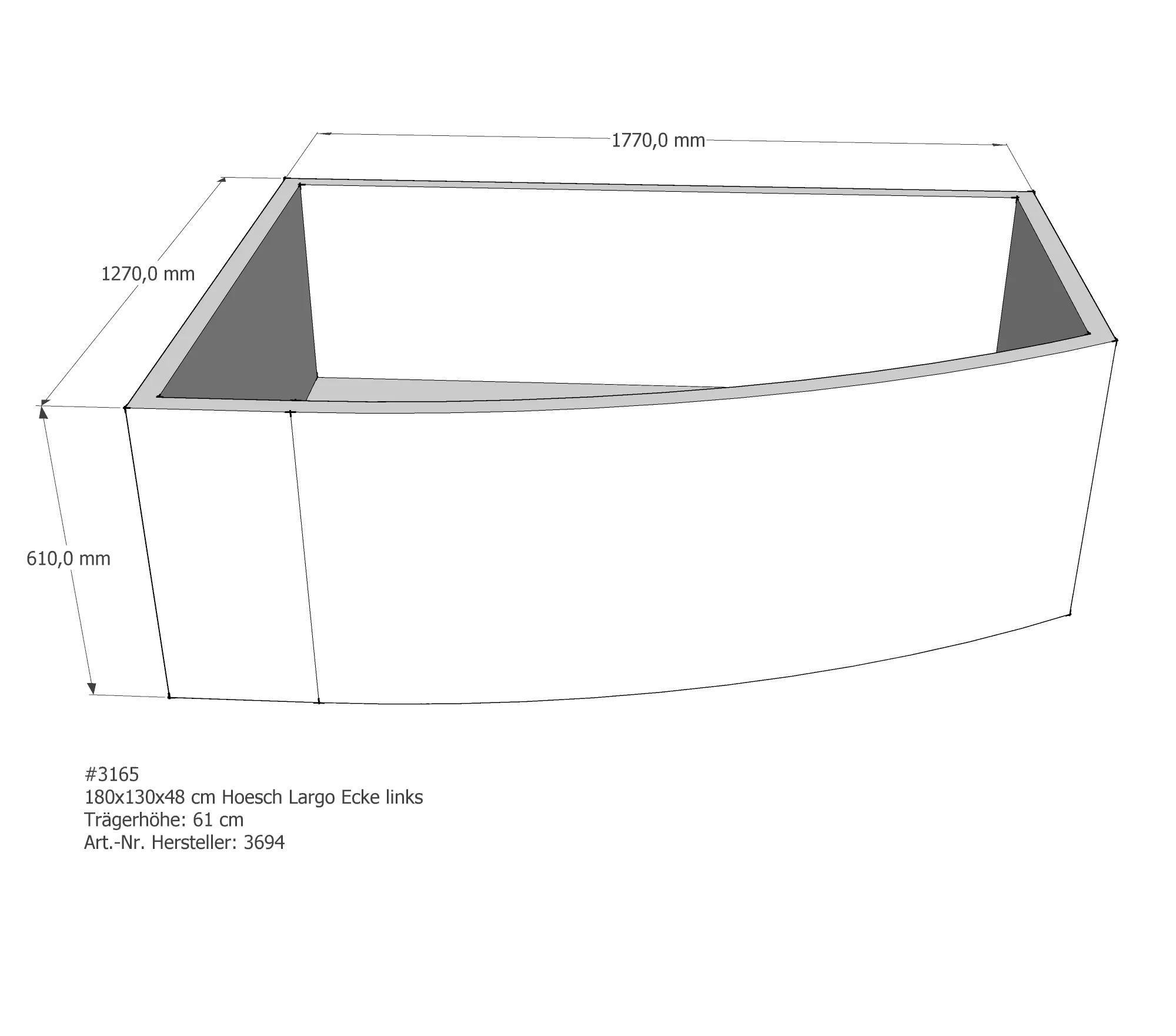 Badewannenträger für Hoesch Largo Ecke links links 180 × 130 × 48 cm