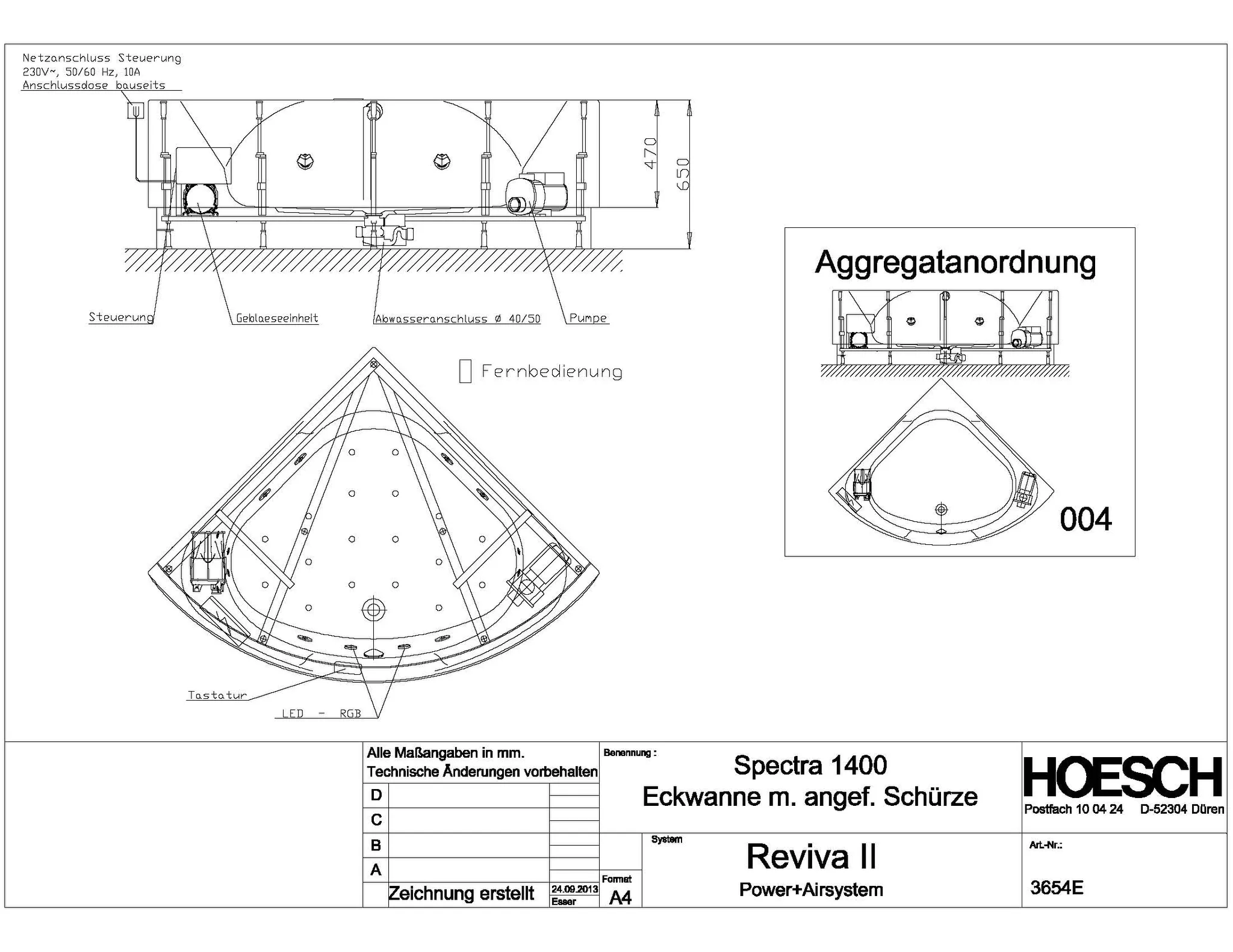 Hoesch Spectra Whirlwanne Eck 1400 mit Reviva II Power+ Air, weiß/verchromt, Motor rechts/links