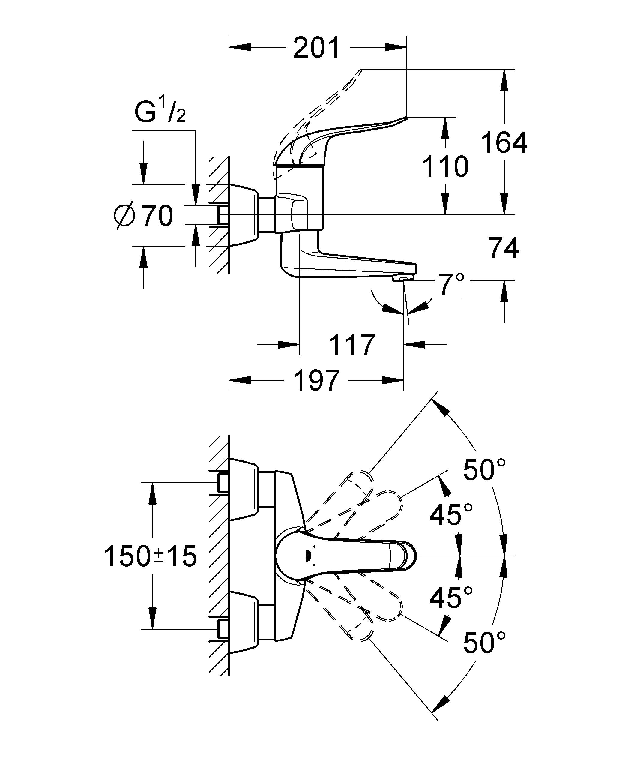 Einhand-Waschtischbatterie Euroeco Special 32767, Wandmontage, 46 mm Keramikkartusche, Ausladung 197 mm, Hebellänge 120 mm, chrom