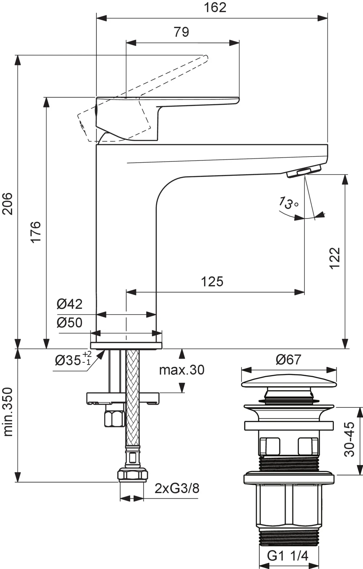 Ideal Standard Cerafine O Waschtischarmatur, Silk Black, Ausladung 125 mm, H120, Push-Open, Einhebelmischer DN 15
