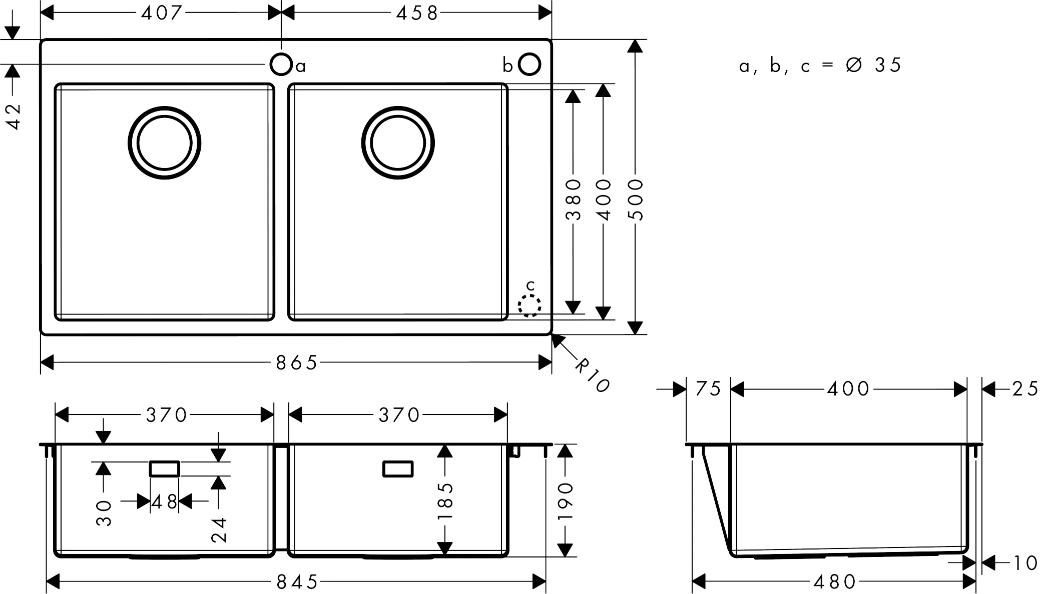 Hansgrohe Einbauspüle S71, Edelstahl, 370x370 mm, 845x480 mm Ausschnitt, 90 cm Unterschrank, flach aufliegend oder flächenbündig