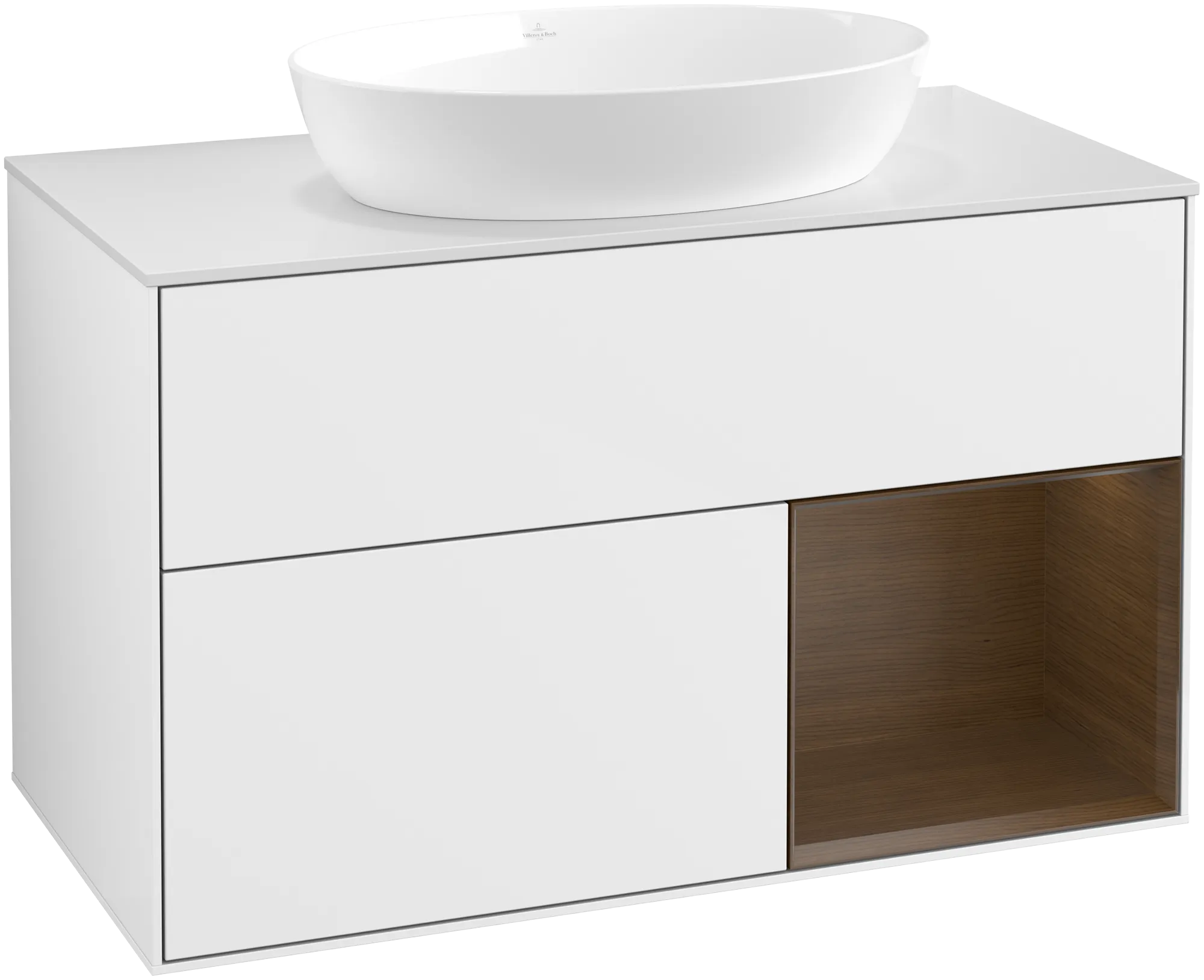 Villeroy & Boch Waschbeckenunterschrank Finion FA2, 1000 x 603 x 501 mm, Glossy White Lacquer / Walnut Veneer / Glass White Matt