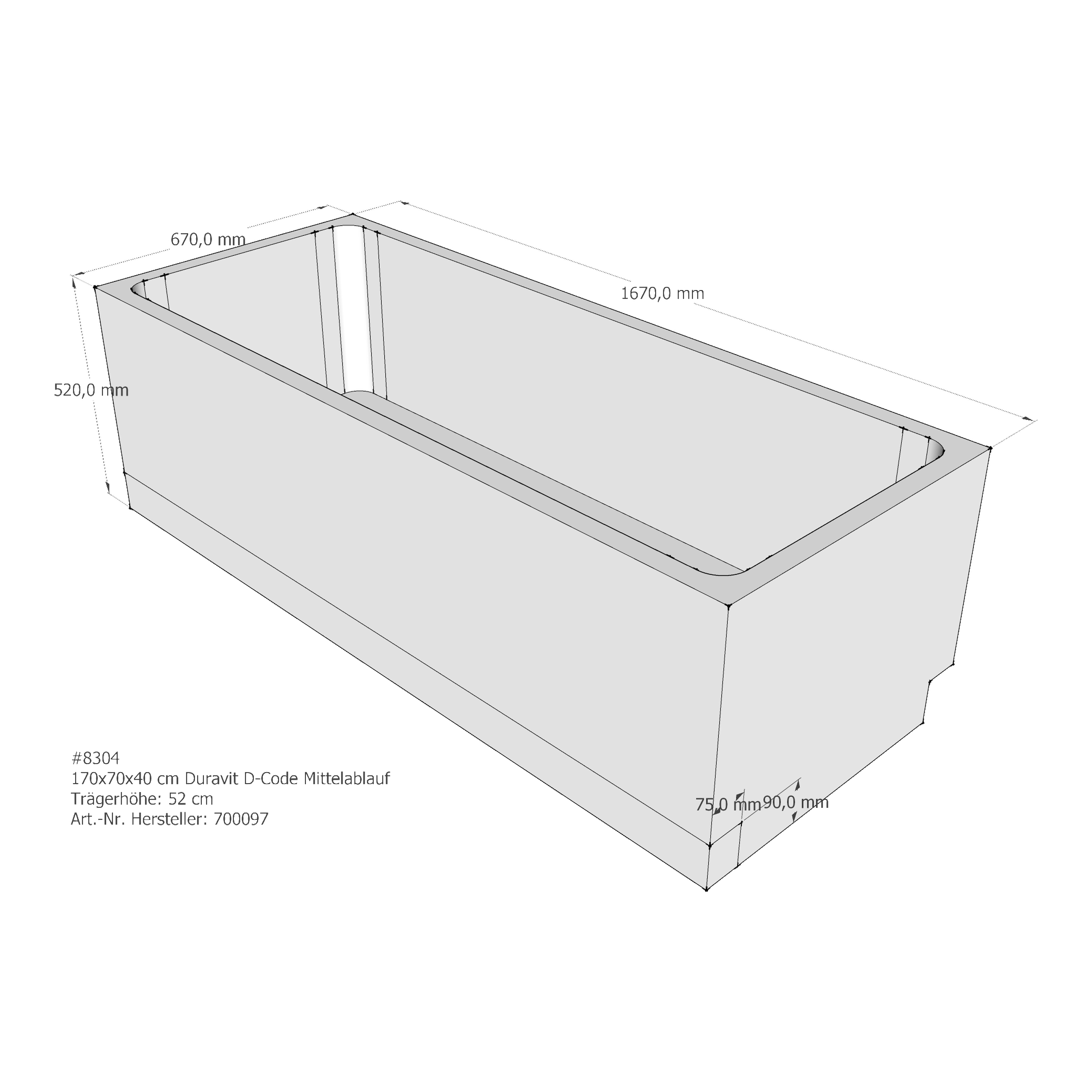Badewannenträger für Duravit D-Code 170 × 70 × 40 cm Ablauf: Mittelablauf / Breite: 70 cm / Länge: 170 cm Badewannenträger für Duravit D-Code 170 × 70 × 40 cm Ablauf: Mittelablauf / Breite: 70 cm / Länge: 170 cm