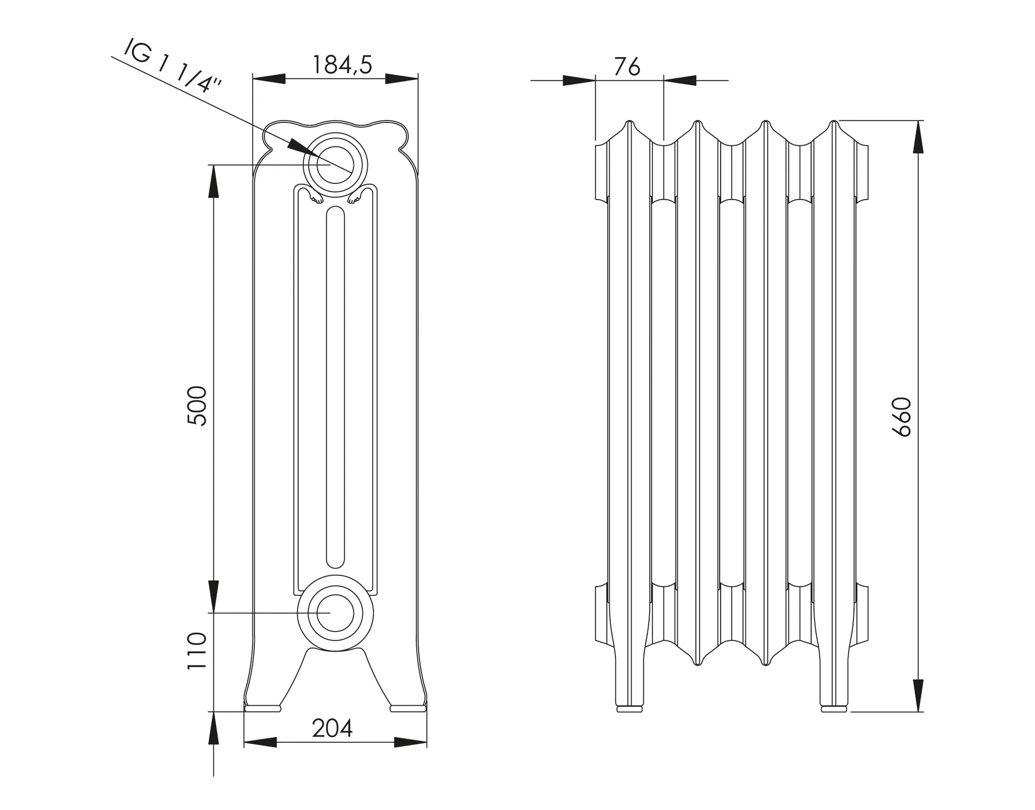 ASW Gussradiator 1 Glied Nabenabstand 500 mm „Kopenhagen“ 7,6 × 66 × 18 cm
