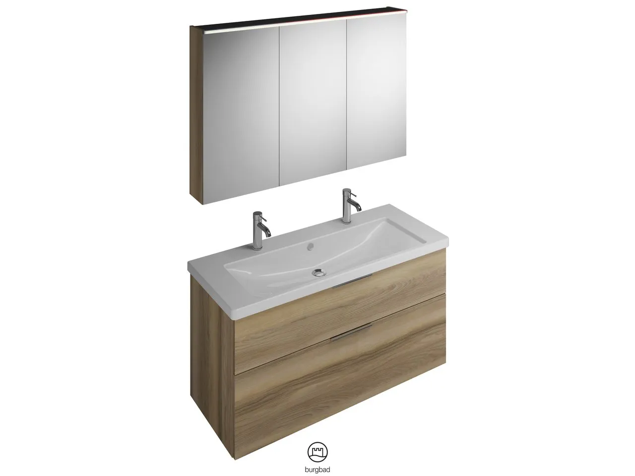 burgbad Badmöbelset Keramik-Waschtisch inkl. Waschtischunterschrank und Spiegelschrank „Eqio“ 123 cm Stangengriff, Chrom (140 / 397 mm), in Eiche Dekor Silber burgbad Badmöbelset Keramik-Waschtisch inkl. Waschtischunterschrank und Spiegelschrank „Eqio“ 123 cm Stangengriff, Chrom (140 / 397 mm), in Eiche Dekor Silber