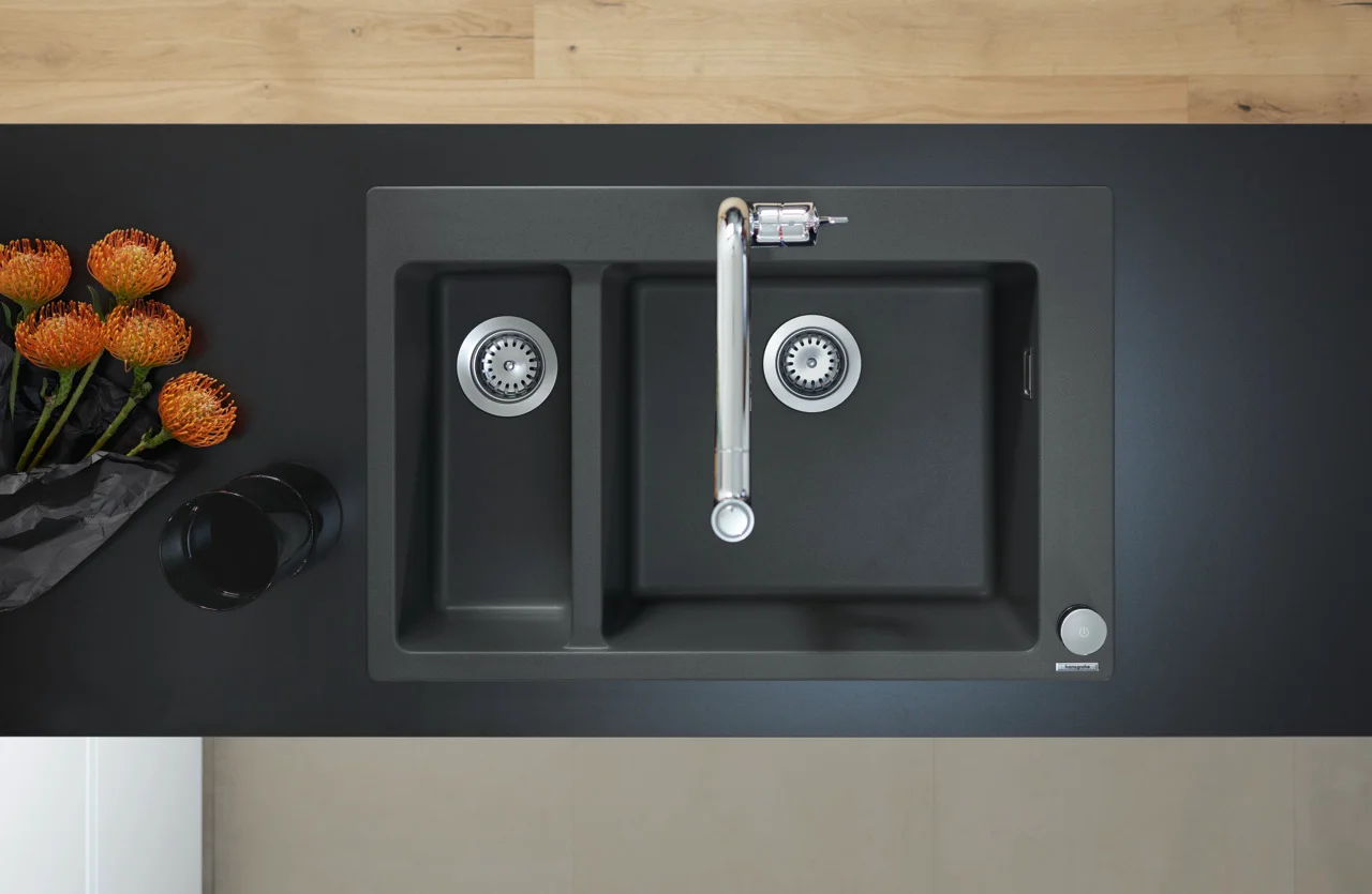 Hansgrohe Einbauspüle S51 Serie, Graphitschwarz, 750 x 490 mm Ausschnitt, Aufbau, 80 cm Unterschrank, 1 Hauptbecken + 1 Zusatzbecken Hansgrohe Einbauspüle S51 Serie, Graphitschwarz, 750 x 490 mm Ausschnitt, Aufbau, 80 cm Unterschrank, 1 Hauptbecken + 1 Zusatzbecken