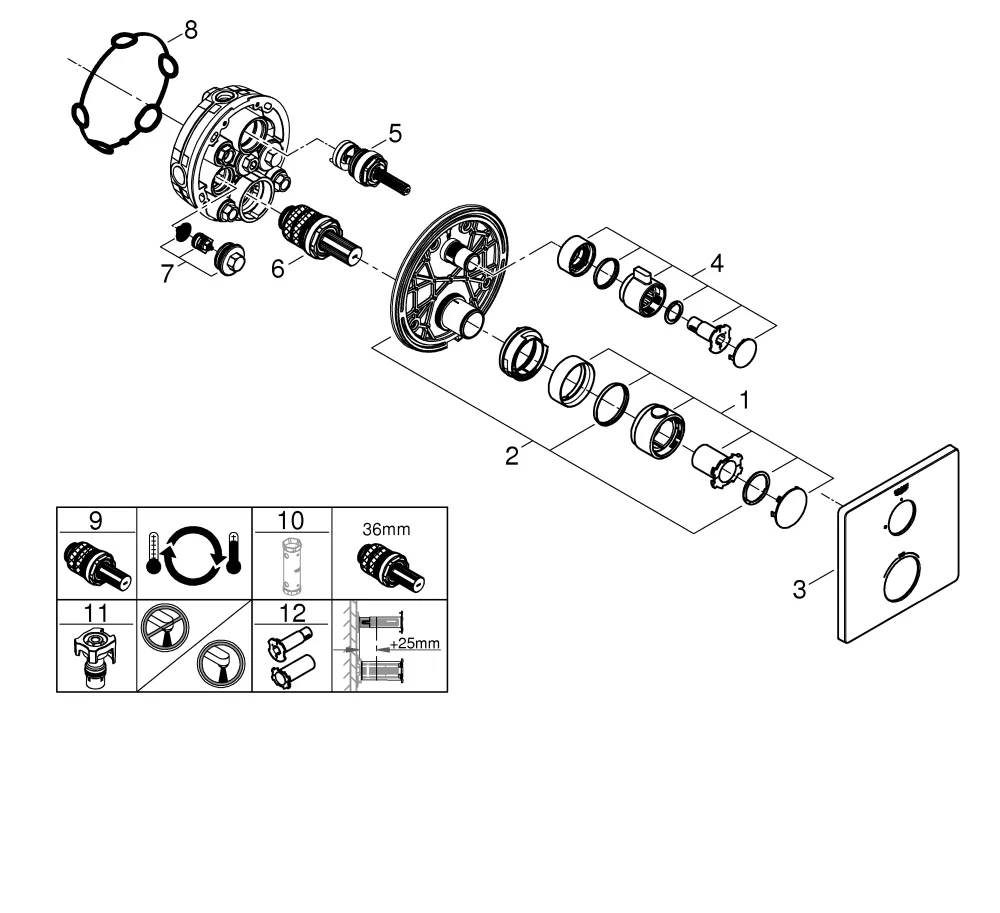 Grohe Unterputz-Armatur „Grohtherm“ Ausladung 0 mm Grohe Unterputz-Armatur „Grohtherm“ Ausladung 0 mm