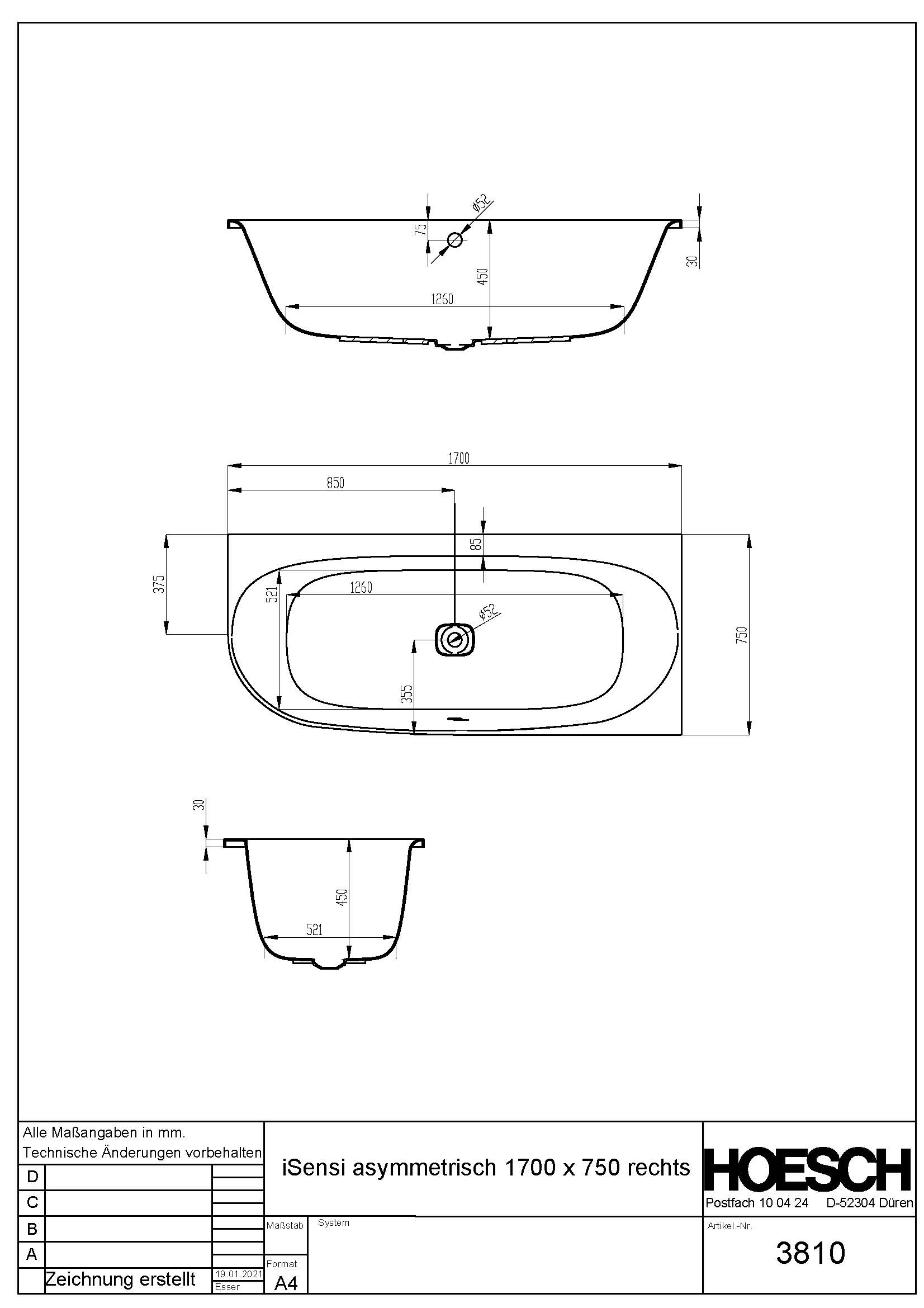 Hoesch Badewanne „iSensi“ eck, asymmetrisch 170 × 75 cm, rechts in 