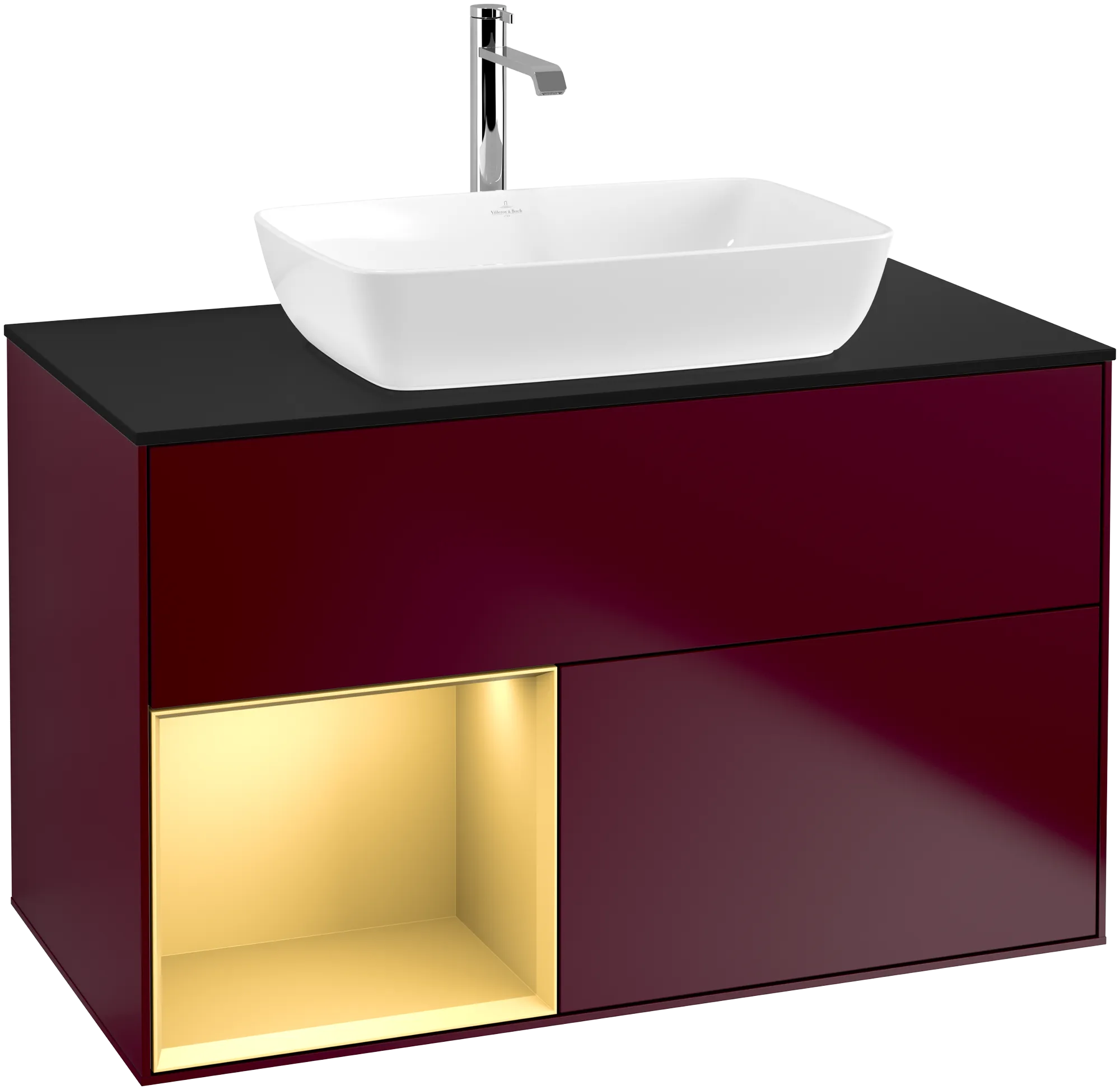 Villeroy & Boch Waschbeckenunterschrank Finion F77, 1000x603x501 mm, Peony Matt Lacquer mit Gold Regal, Beleuchtung dimmbar, SoftClosing, Push-to-open Villeroy & Boch Waschbeckenunterschrank Finion F77, 1000x603x501 mm, Peony Matt Lacquer mit Gold Regal, Beleuchtung dimmbar, SoftClosing, Push-to-open