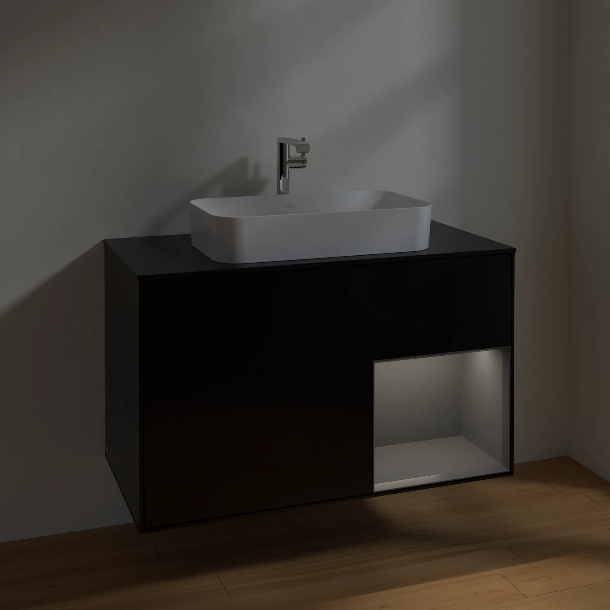 Villeroy & Boch Waschbeckenunterschrank Finion F25, 1000 x 603 x 501 mm, Black Matt Lacquer, mit Beleuchtung und Push-to-open Funktion
