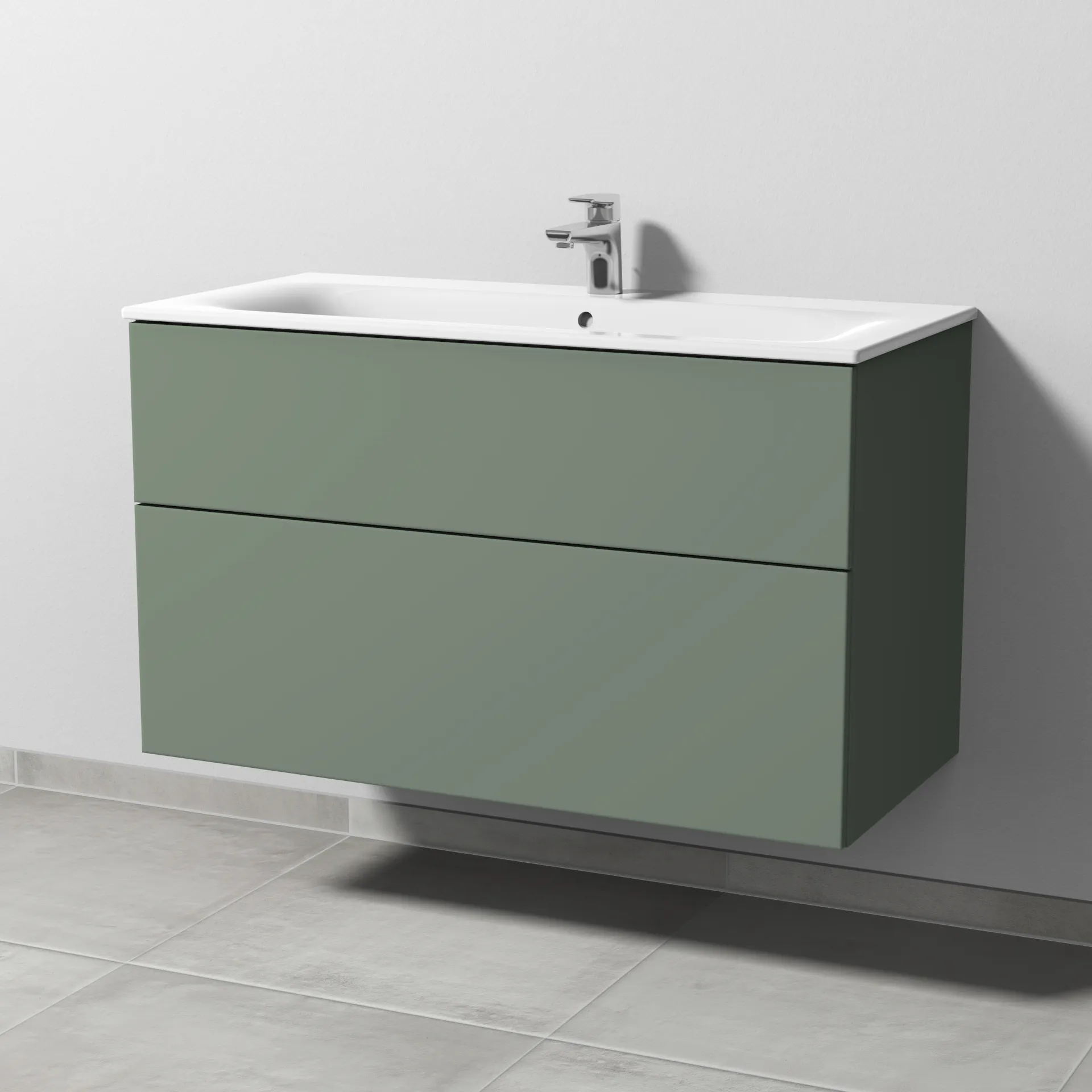 Sanipa Waschtischunterschrank „3way“ passend zu Keramik-Waschtische Renova Plan Slim von Geberit 985 × 582 × 472 mm in Soft-Green