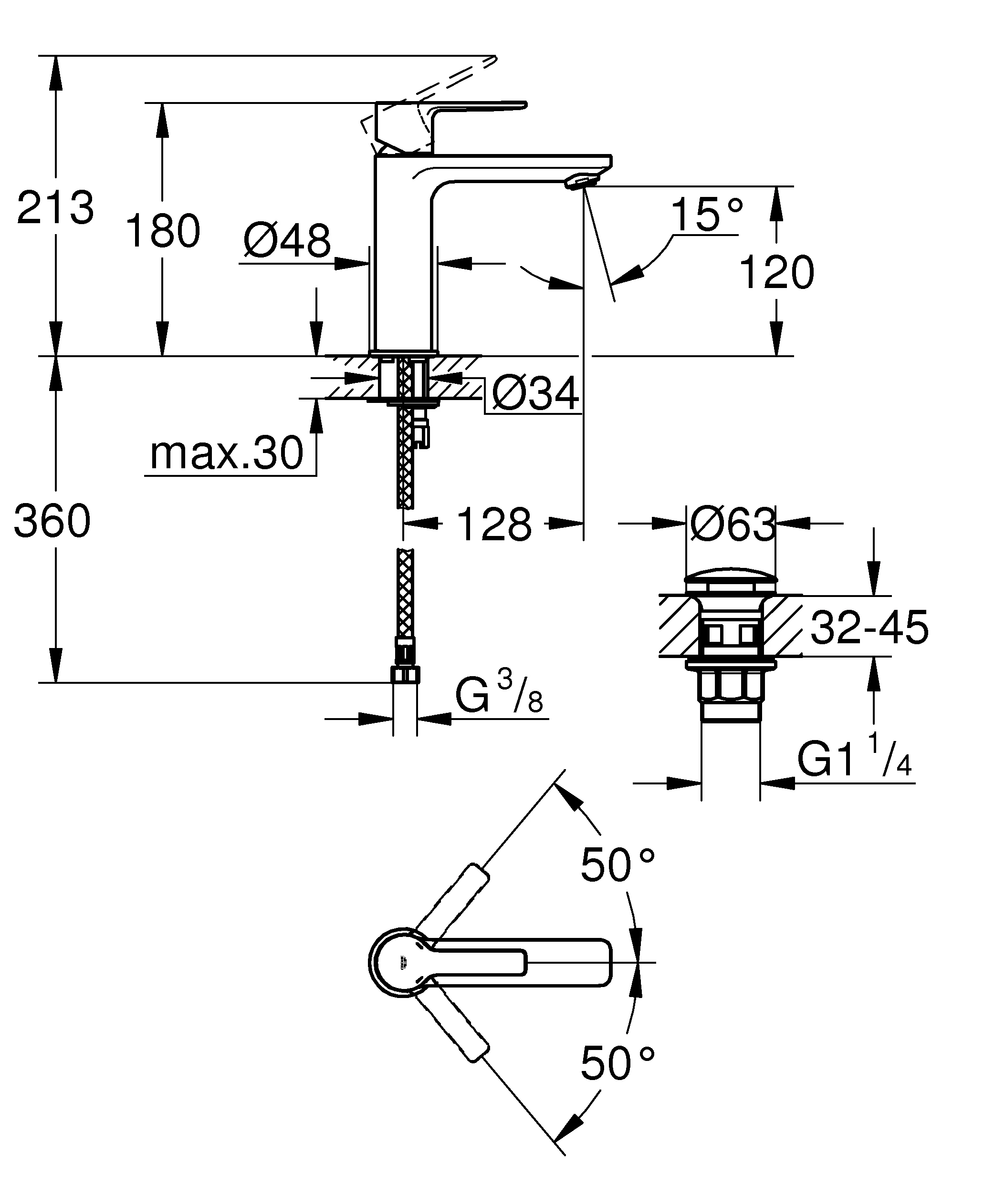 Einhand-Waschtischbatterie Lineare 23106_1, S-Size, Einlochmontage, glatter Körper, Push-open Ablaufgarnitur 1 1/4″, chrom