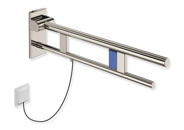 HEWI Stützklappgriff Duo System 900, Design A, Edelstahl PVD nickelglänzend, Ausladung 700 mm, Spülauslösung links HEWI Stützklappgriff Duo System 900, Design A, Edelstahl PVD nickelglänzend, Ausladung 700 mm, Spülauslösung links