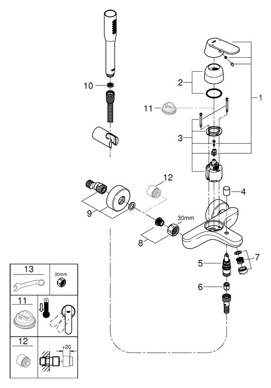 Einhand-Wannenbatterie Eurosmart Cosmopolitan 32832, Wandmontage, mit Brausegarnitur, eigensicher, chrom