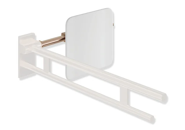 HEWI Rückensstütze System 900, PVD-beschichtet, Kupfer gebürstet, Achsmaß verstellbar 564-664 mm, Tiefe 150 mm, einseitig Wandmontage mit Rosetten (links), Montage an Stützklappgriffen Design (A) (rechts)
