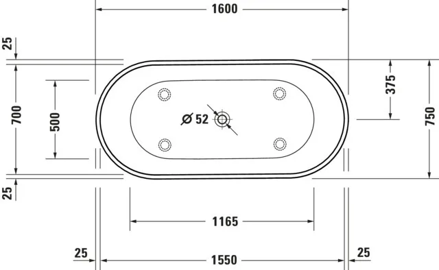 Duravit Badewanne „D-Neo“ freistehend oval 160 × 75 cm, ohne Überlauf, Mittelablauf 