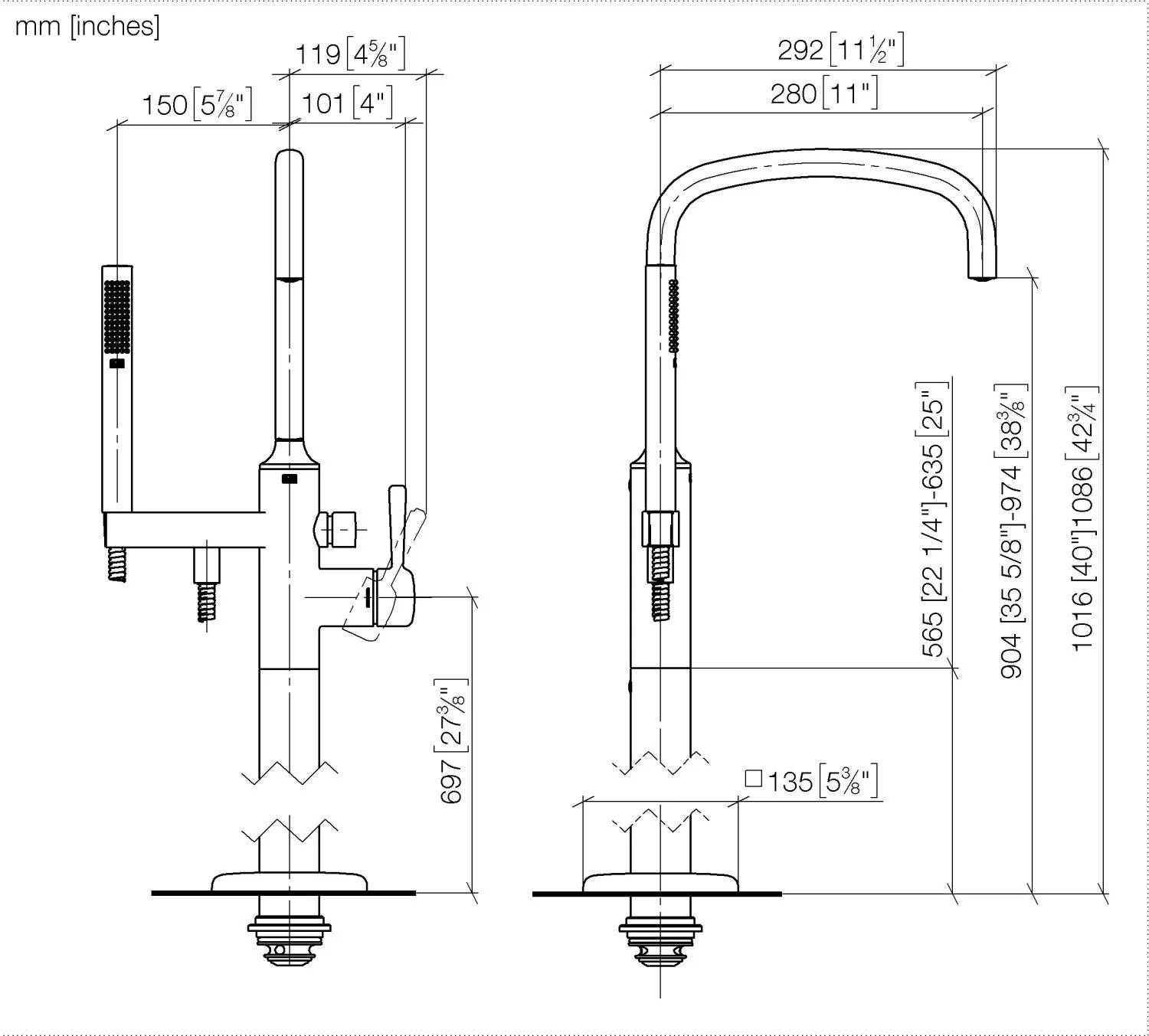 Dornbracht COYA Wannen-Einhandbatterie mit Standrohr, Dark Brass gebürstet PVD, Ausladung 280 mm, Höhe 1.016–1.086 mm, Durchfluss max. 24,6 l/min bei 3 bar, schwenkbarer Auslauf 360°, automatische Wanne/Brause-Umstellung