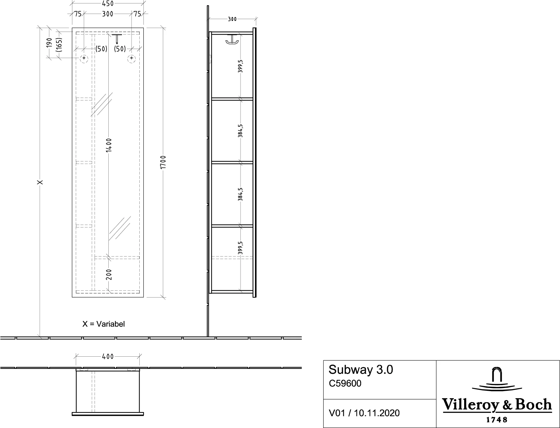 Villeroy & Boch Collaro Subway 3.0 Spiegelregal C59600, 450x1700x300mm, White Oak Villeroy & Boch Collaro Subway 3.0 Spiegelregal C59600, 450x1700x300mm, White Oak
