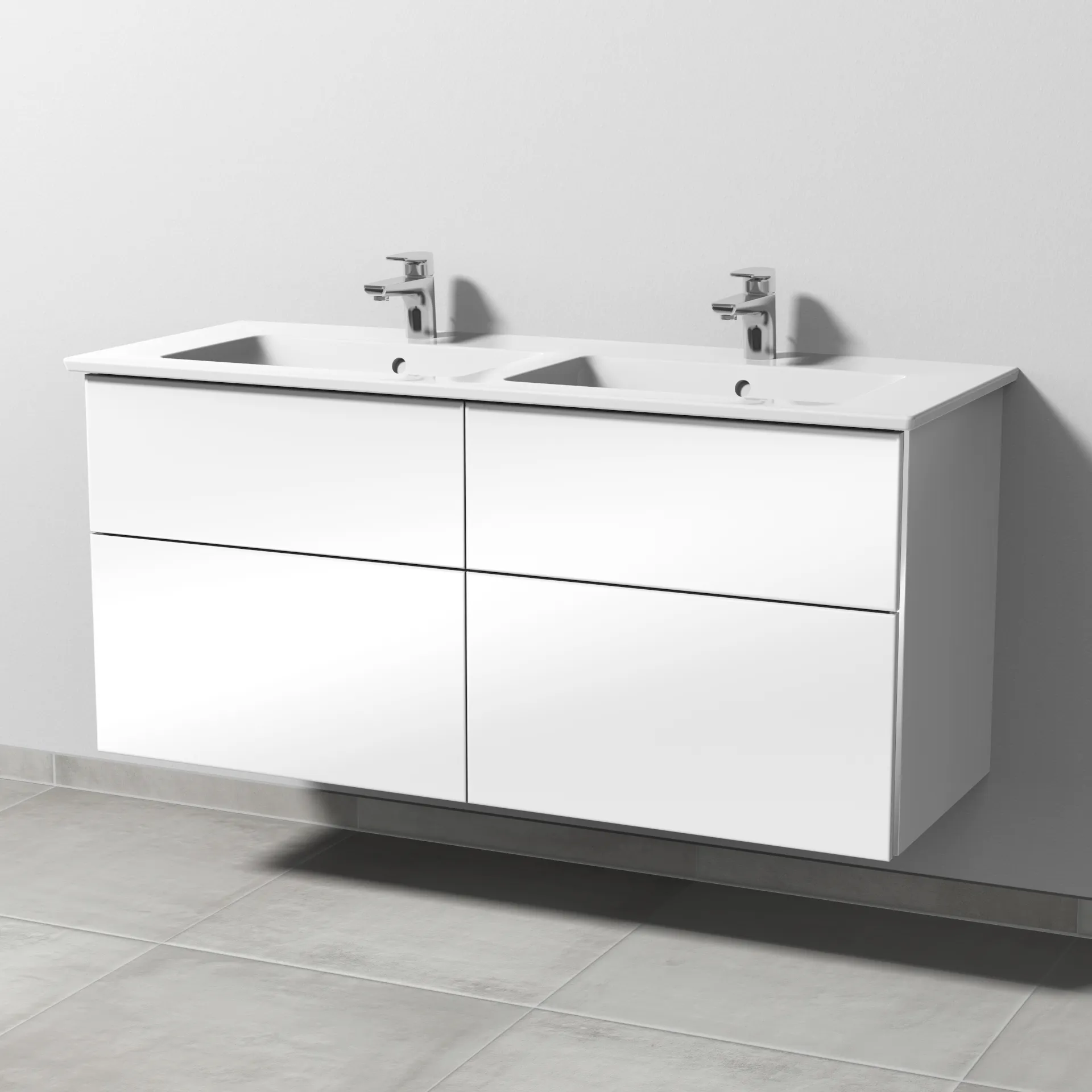 Sanipa Keramik-Waschtisch-Waschtischunterschrank mit Waschtischunterschrank „3way“ 1255 × 591 × 477 mm in Weiß (glanz), mit Hahnlochbohrung, Becken