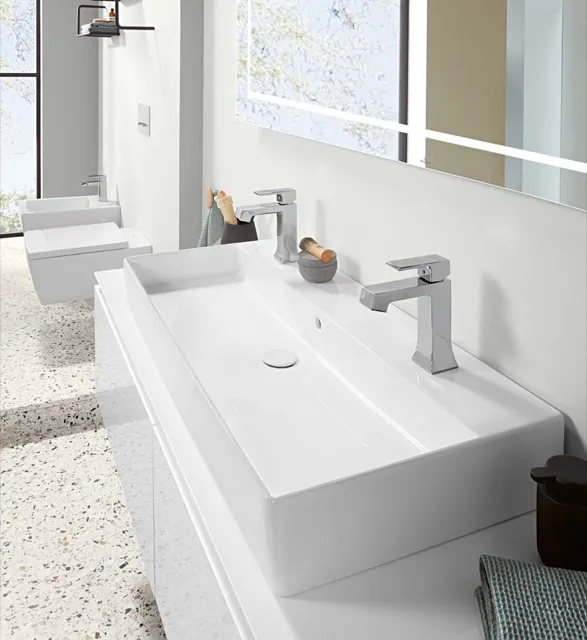 Villeroy & Boch Wandwaschtisch aus TitanCeram geschliffen „Memento 2.0“ 1000 × 470 × 135 mm, Hahnlochposition links und rechts, mit Hahnlochbohrung in Weiß Alpin