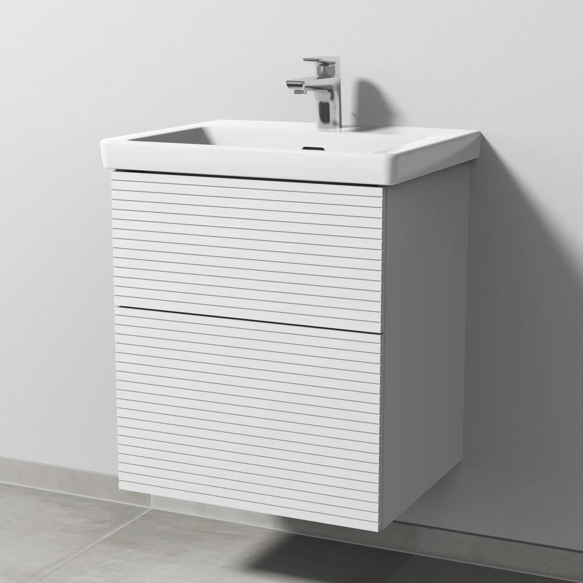 Sanipa Waschtischunterschrank „3way“ Struktur 507 × 588 × 432 mm in Weiß (matt), mit Hahnlochbohrung, Becken mittig Sanipa Waschtischunterschrank „3way“ Struktur 507 × 588 × 432 mm in Weiß (matt), mit Hahnlochbohrung, Becken mittig