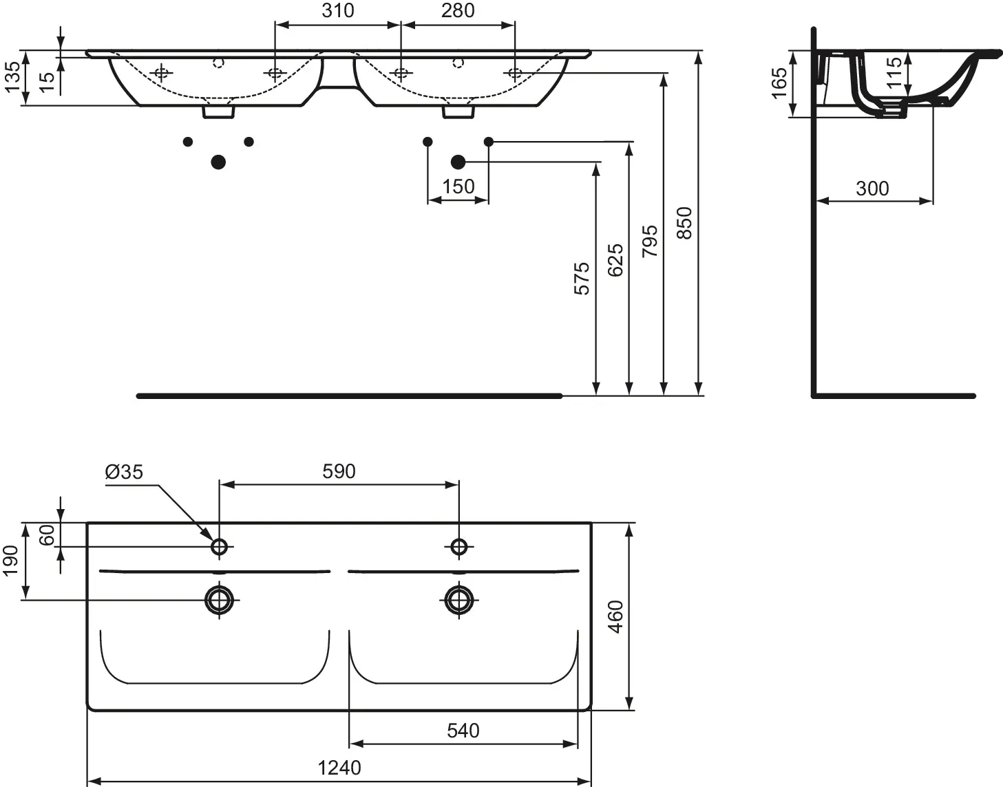 Waschbecken „ConnectAir“ 124 × 46 × 16,5 cm, Hahnlochposition mittig in Weiß Waschbecken „ConnectAir“ 124 × 46 × 16,5 cm, Hahnlochposition mittig in Weiß