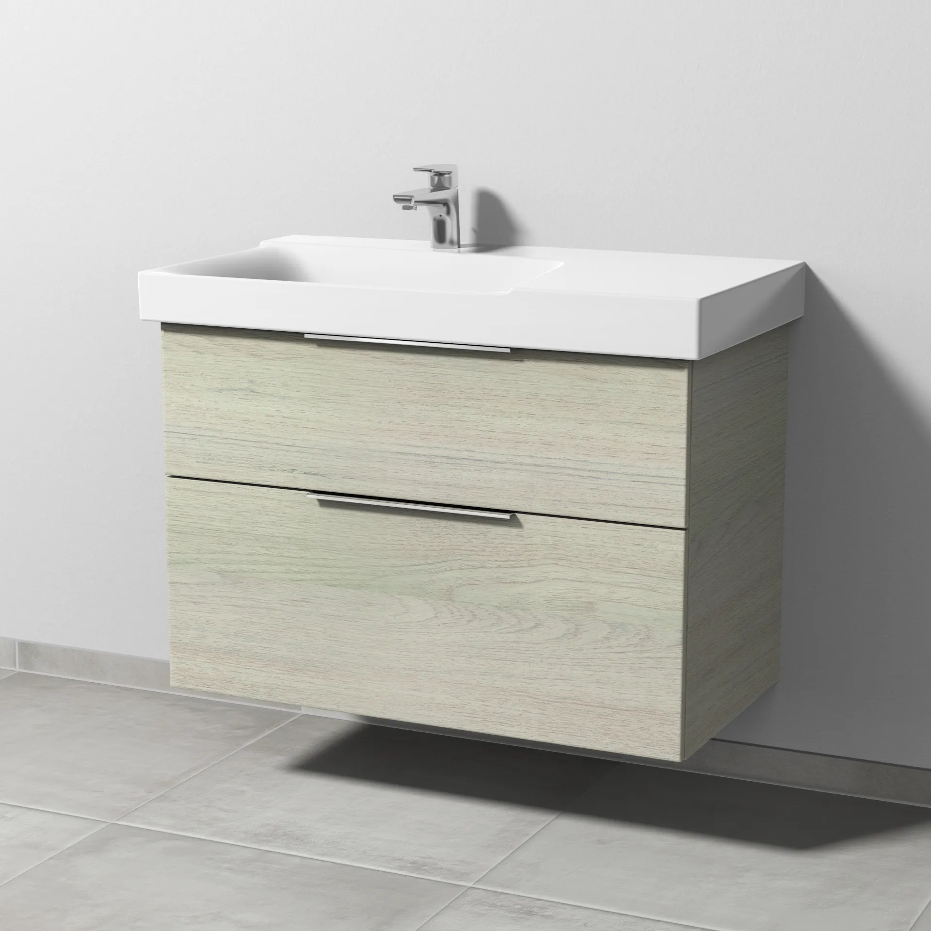 Sanipa Waschtischunterschrank „3way“ passend zu Keramik-Waschtische Xeno2 von Geberit 850 × 593 × 452 mm in White Oak, Becken links