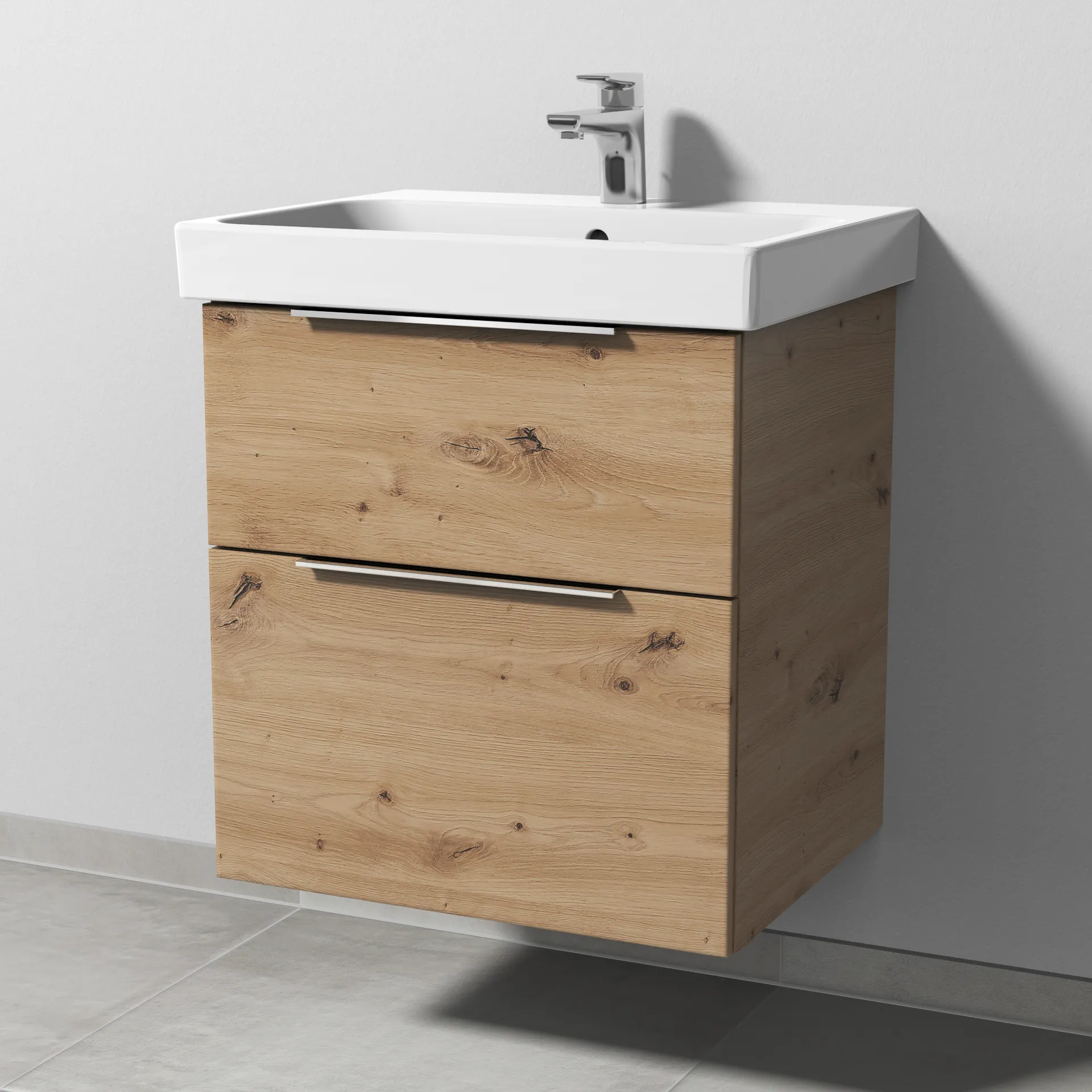 Sanipa Waschtischunterschrank „3way“ 550 × 588 × 453 mm in Eiche Natural-Touch, mit Hahnlochbohrung, Becken mittig