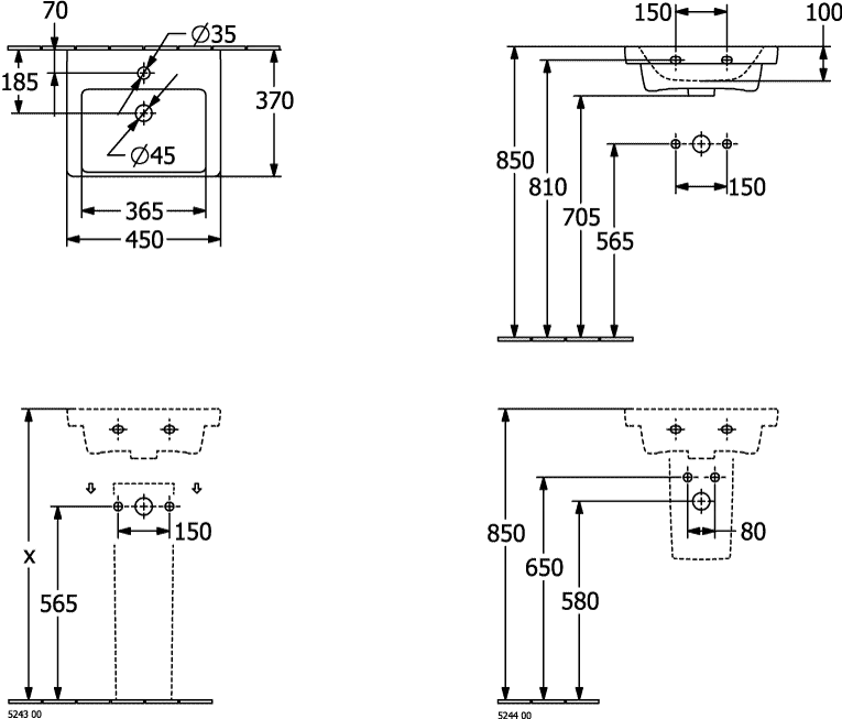 Villeroy & Boch Handwaschbecken Subway 3.0, 450x370x145 mm, weiß Alpin, rechteckig, glänzend, 1-Loch-Armatur