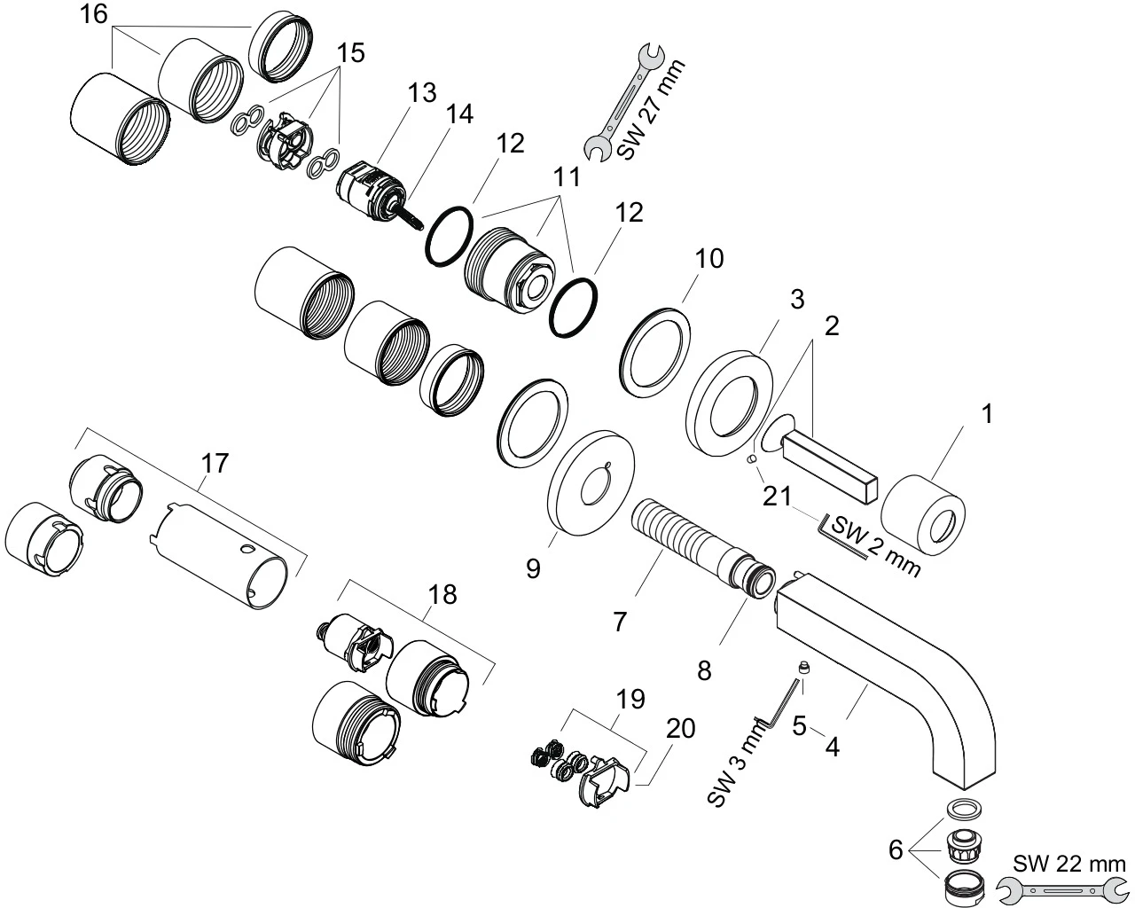 Waschtischmischer UP Axor Citterio F-Set langer Auslauf ohne Platte chrom