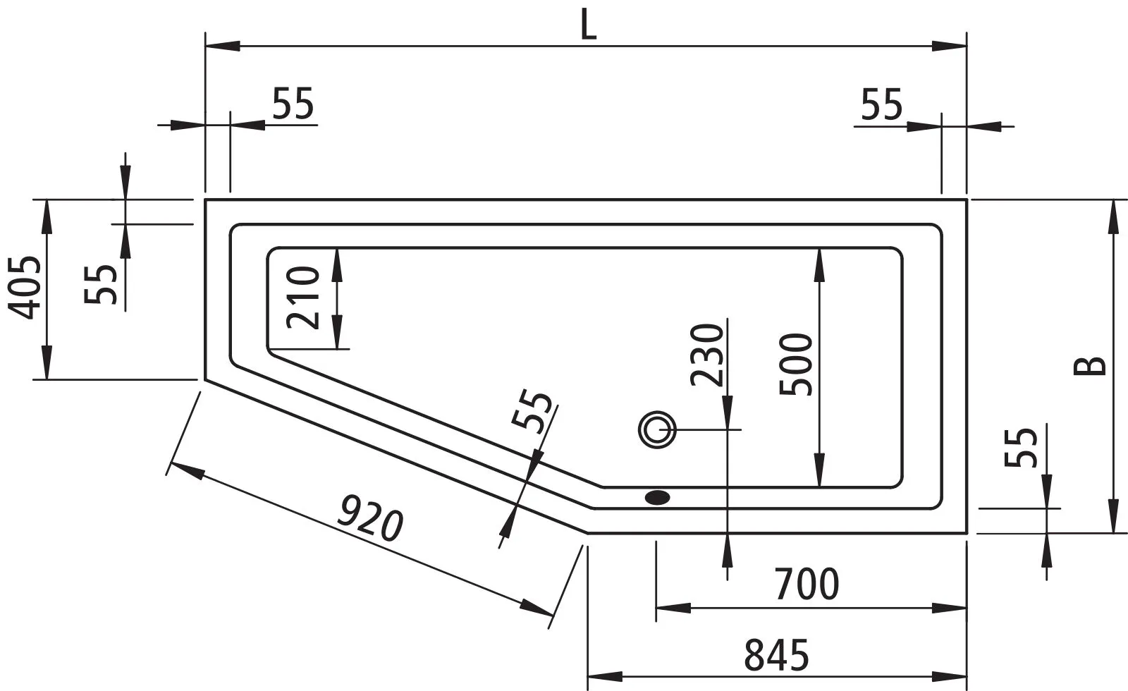 Kermi Duschdesign LIVORO VL1 Raumsparwanne, weiß, 1706 x 751 mm, Einbauhöhe 600–650 mm