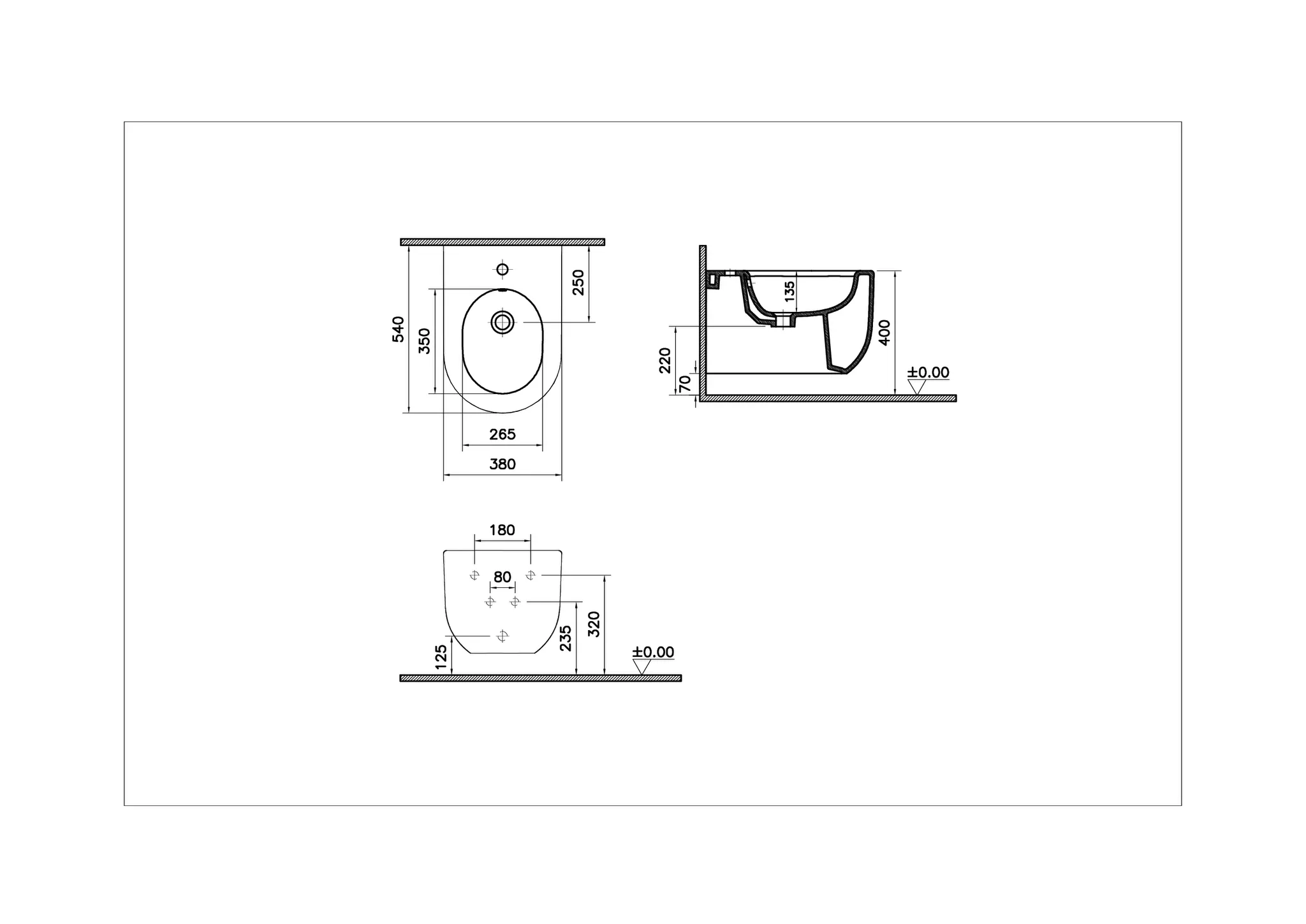 VitrA Liquid Wand-Bidet, 380 x 540 mm, verdeckte Befestigung, Weiß Hochglanz
